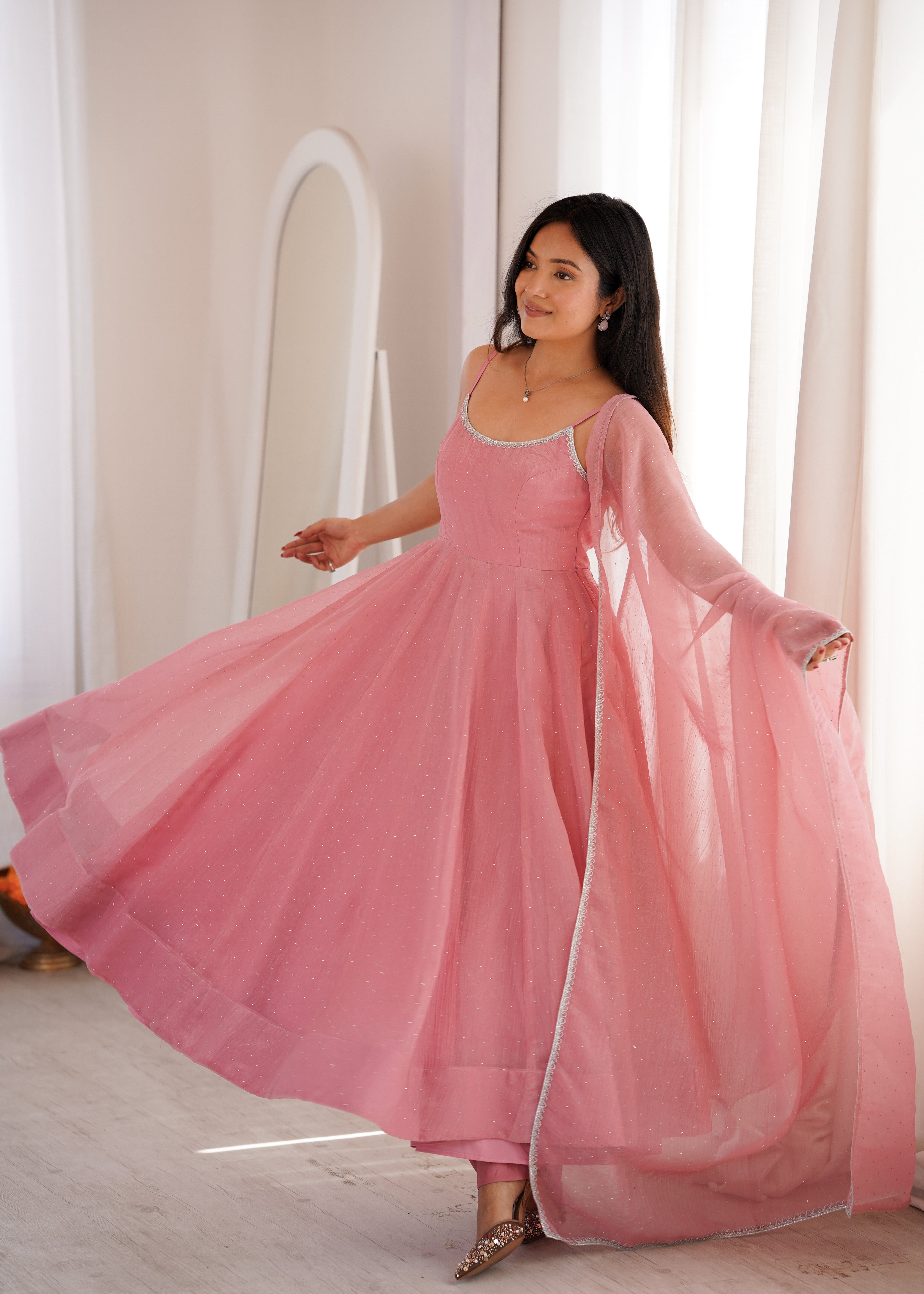 Women's Crunchy Silk Anarkali Pant Dupatta Set with Swarovski Work