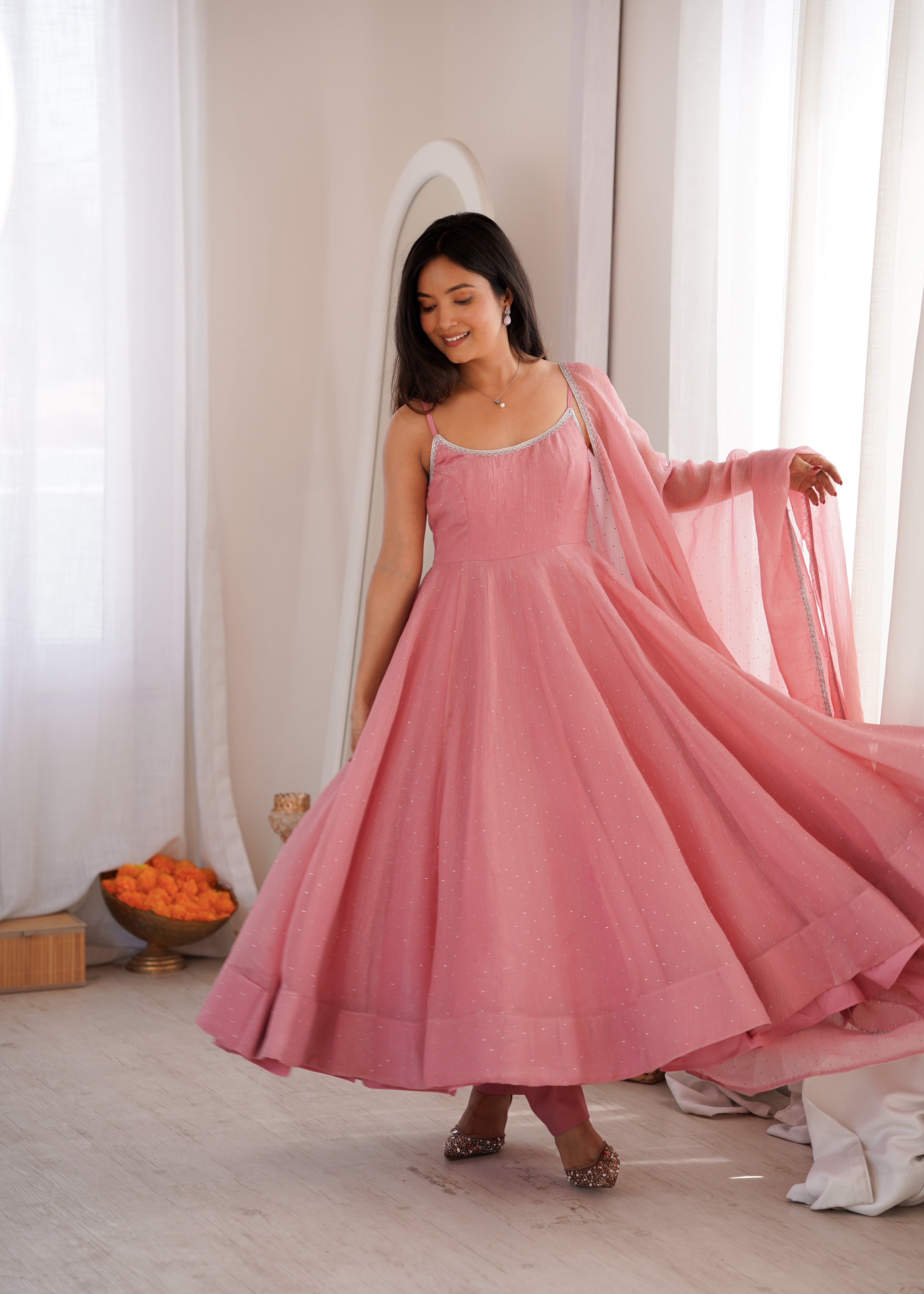 Women's Crunchy Silk Anarkali Pant Dupatta Set with Swarovski Work