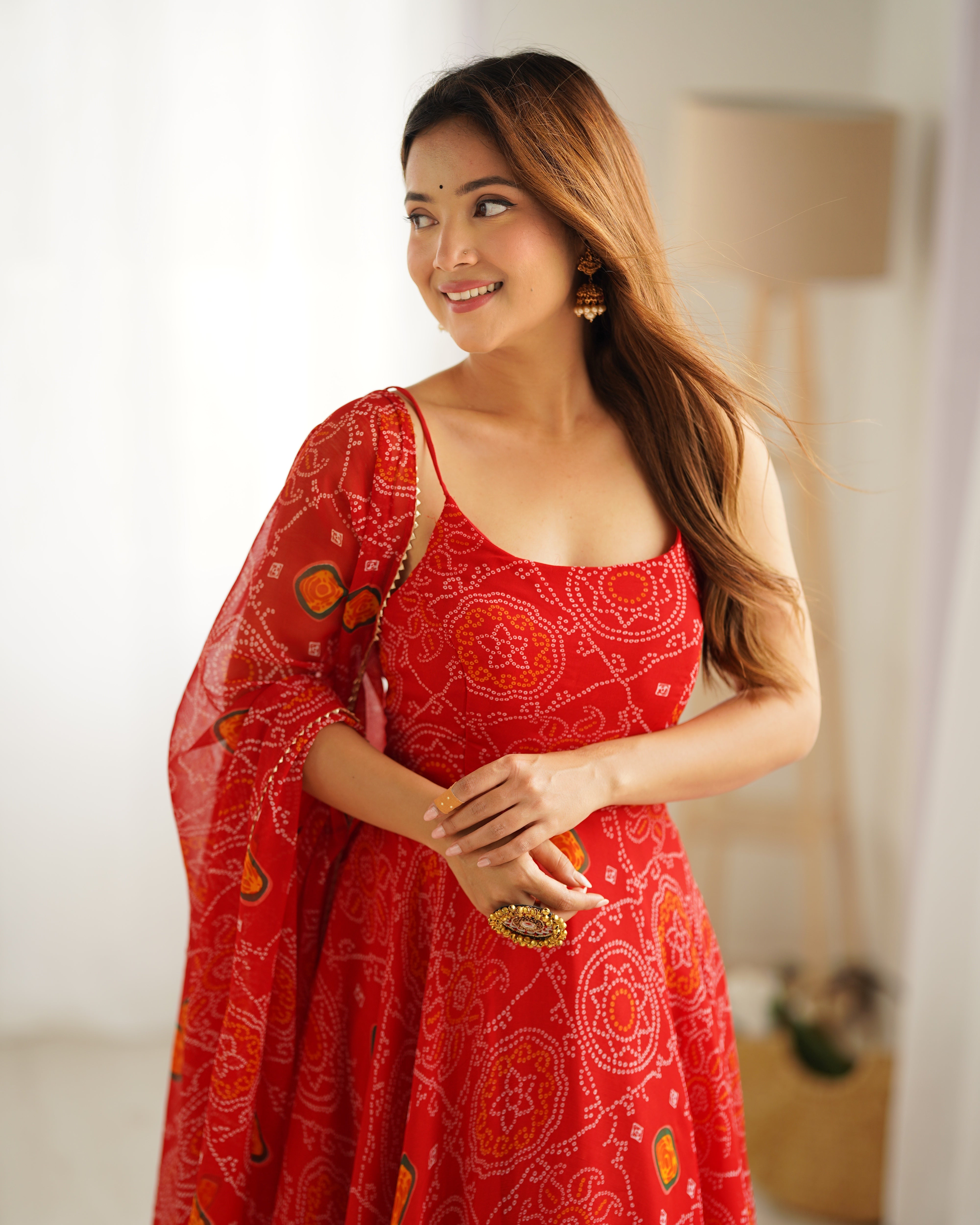 Designer Lightweight Chiffon Bandhej Anarkali Gown Set with Dupatta and Pant