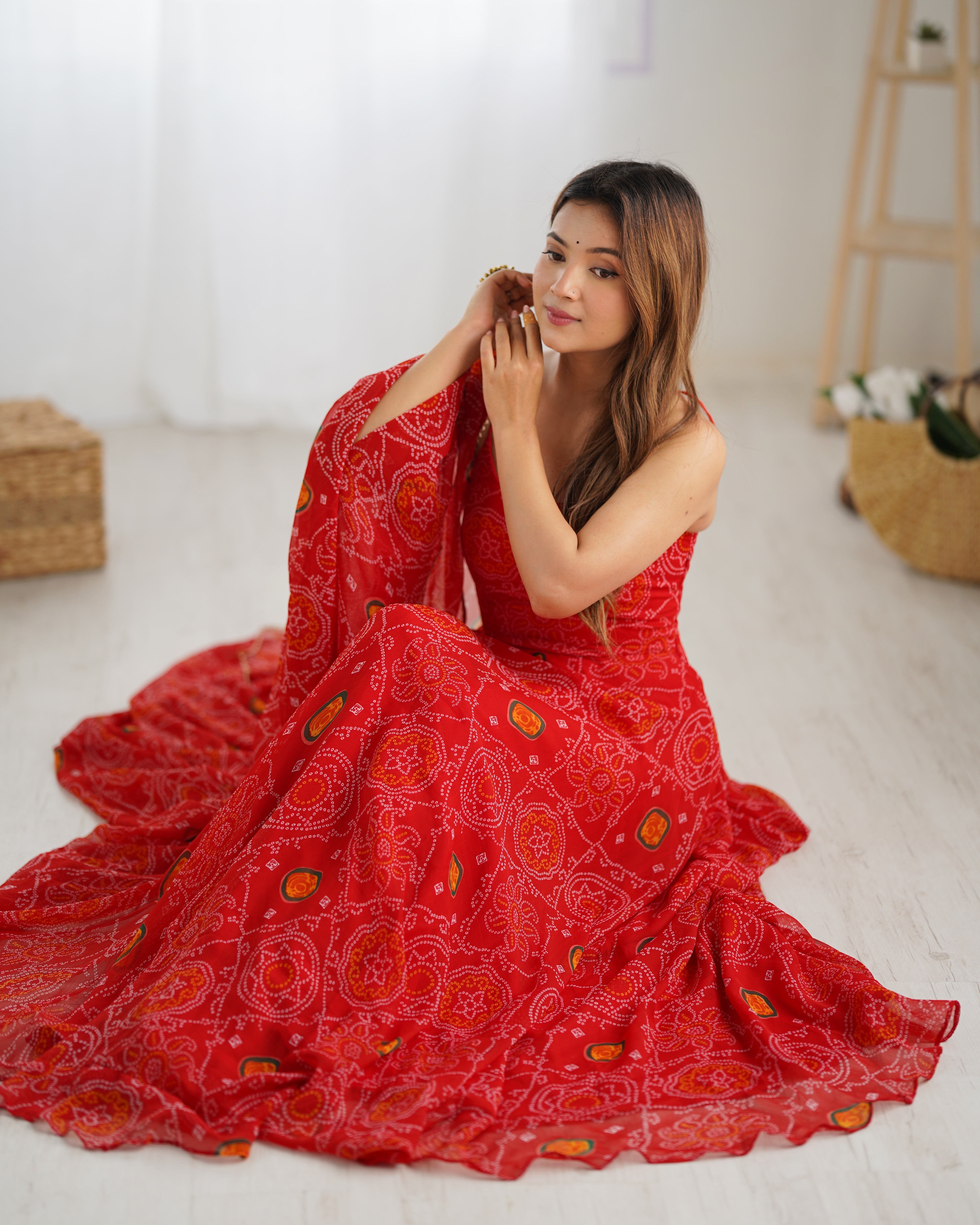 Designer Lightweight Chiffon Bandhej Anarkali Gown Set with Dupatta and Pant