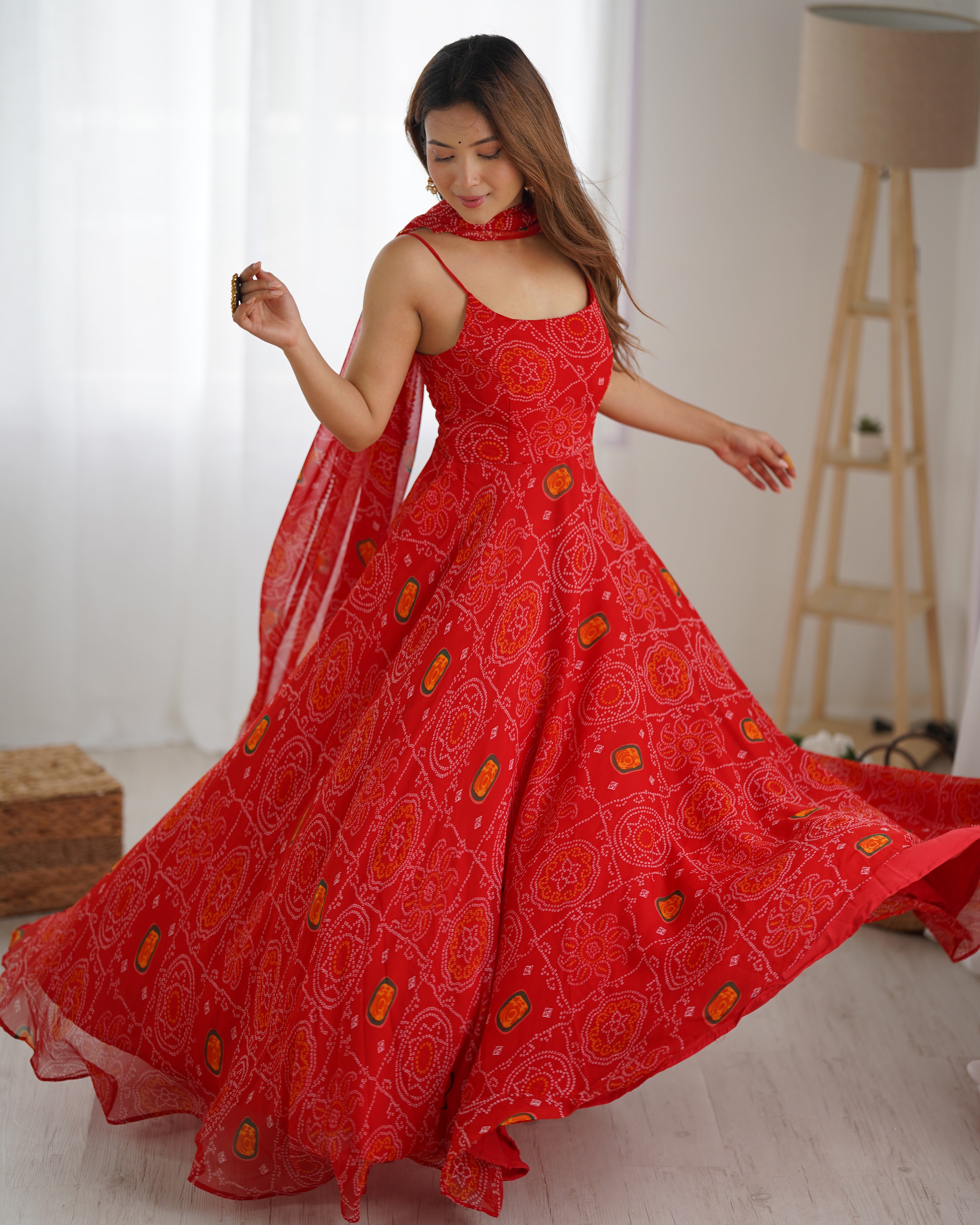 Designer Lightweight Chiffon Bandhej Anarkali Gown Set with Dupatta and Pant