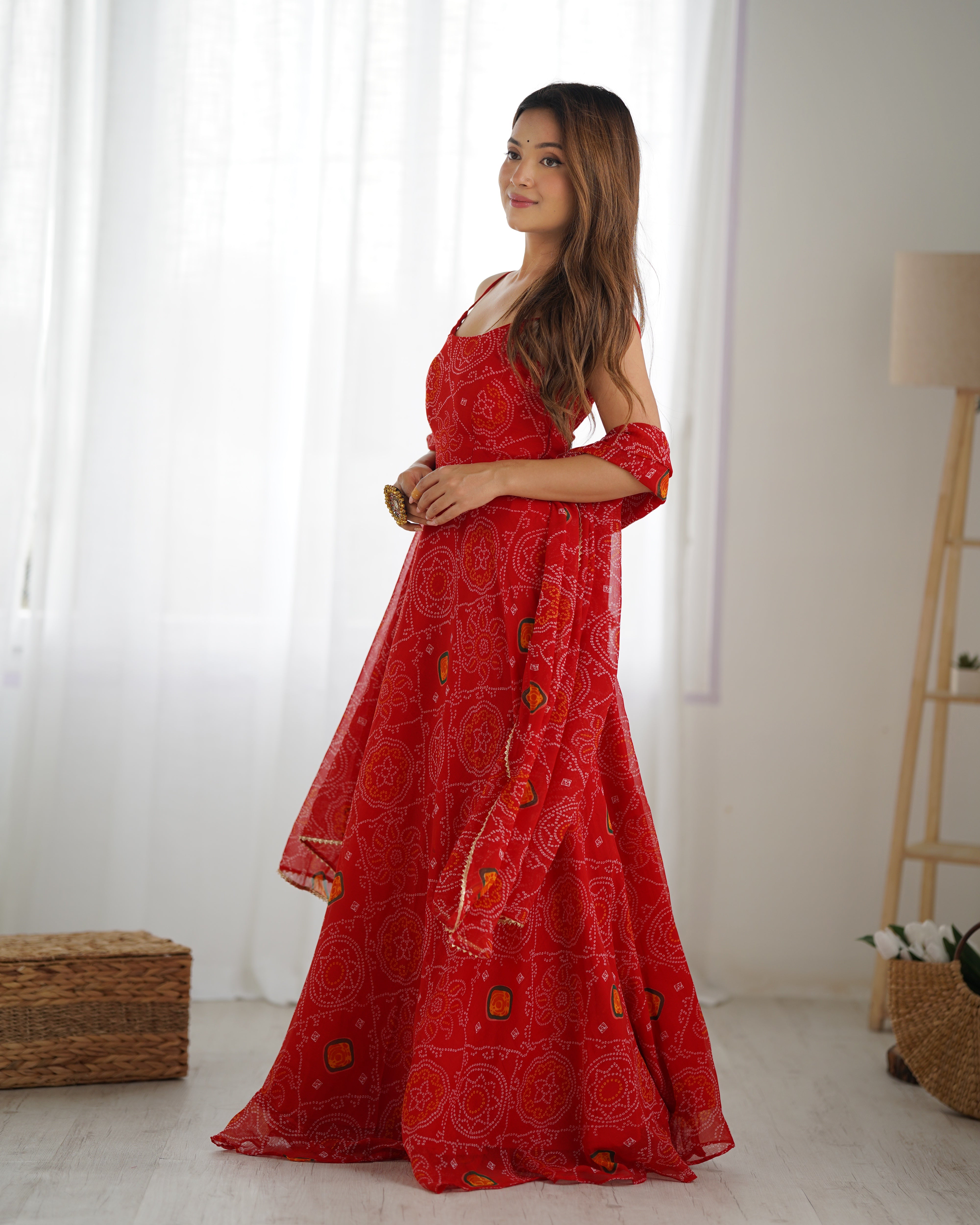 Designer Lightweight Chiffon Bandhej Anarkali Gown Set with Dupatta and Pant