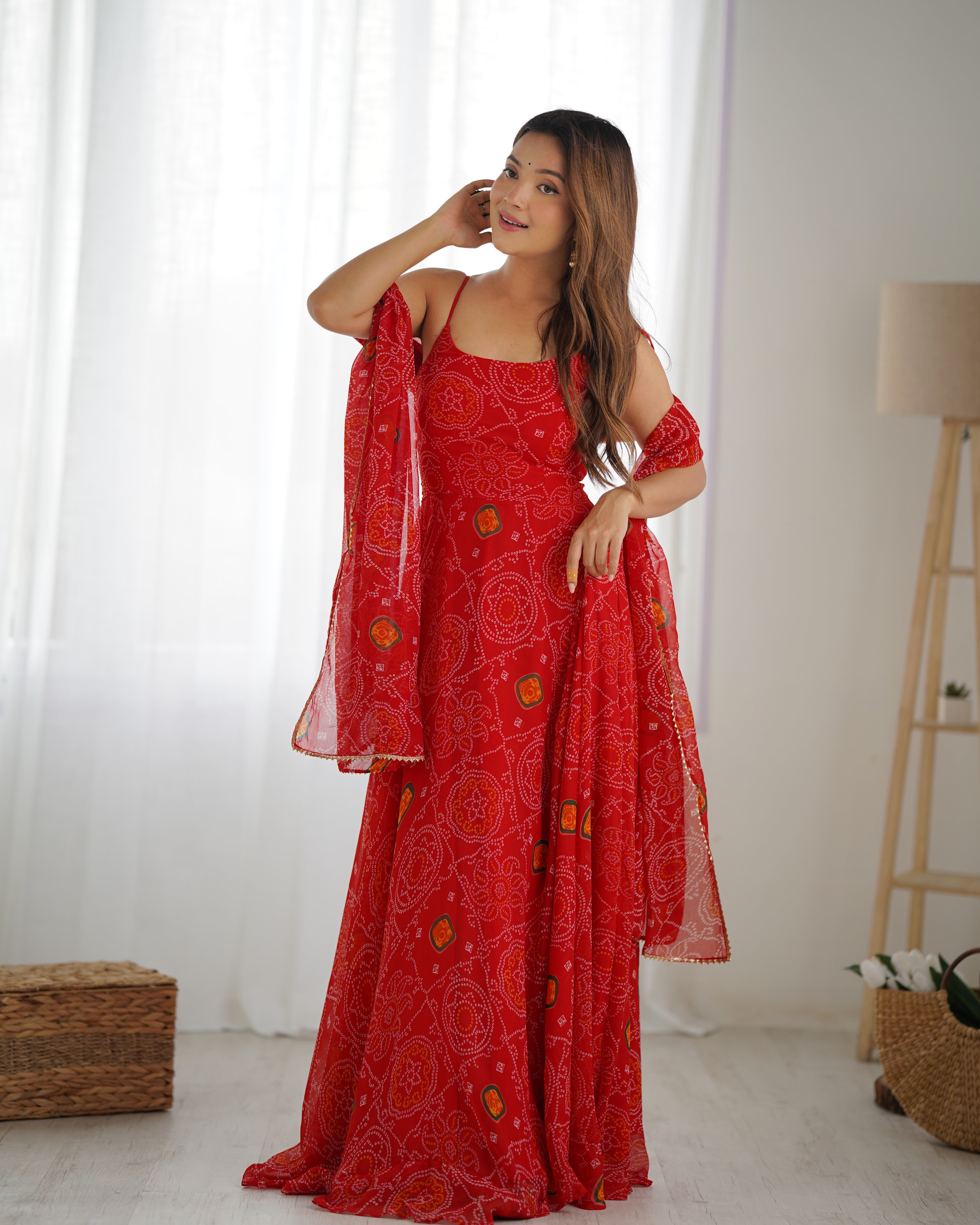 Designer Lightweight Chiffon Bandhej Anarkali Gown Set with Dupatta and Pant