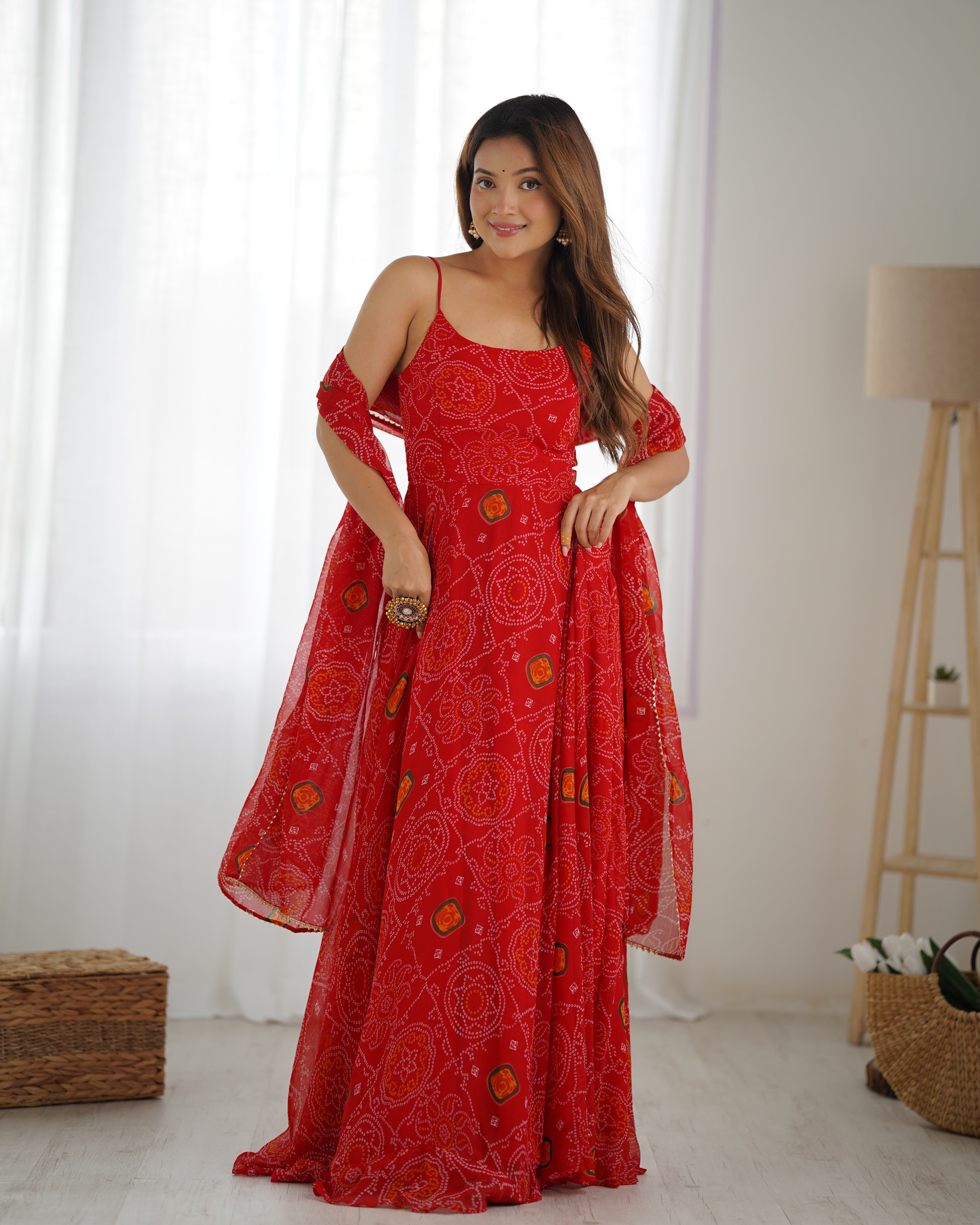 Designer Lightweight Chiffon Bandhej Anarkali Gown Set with Dupatta and Pant