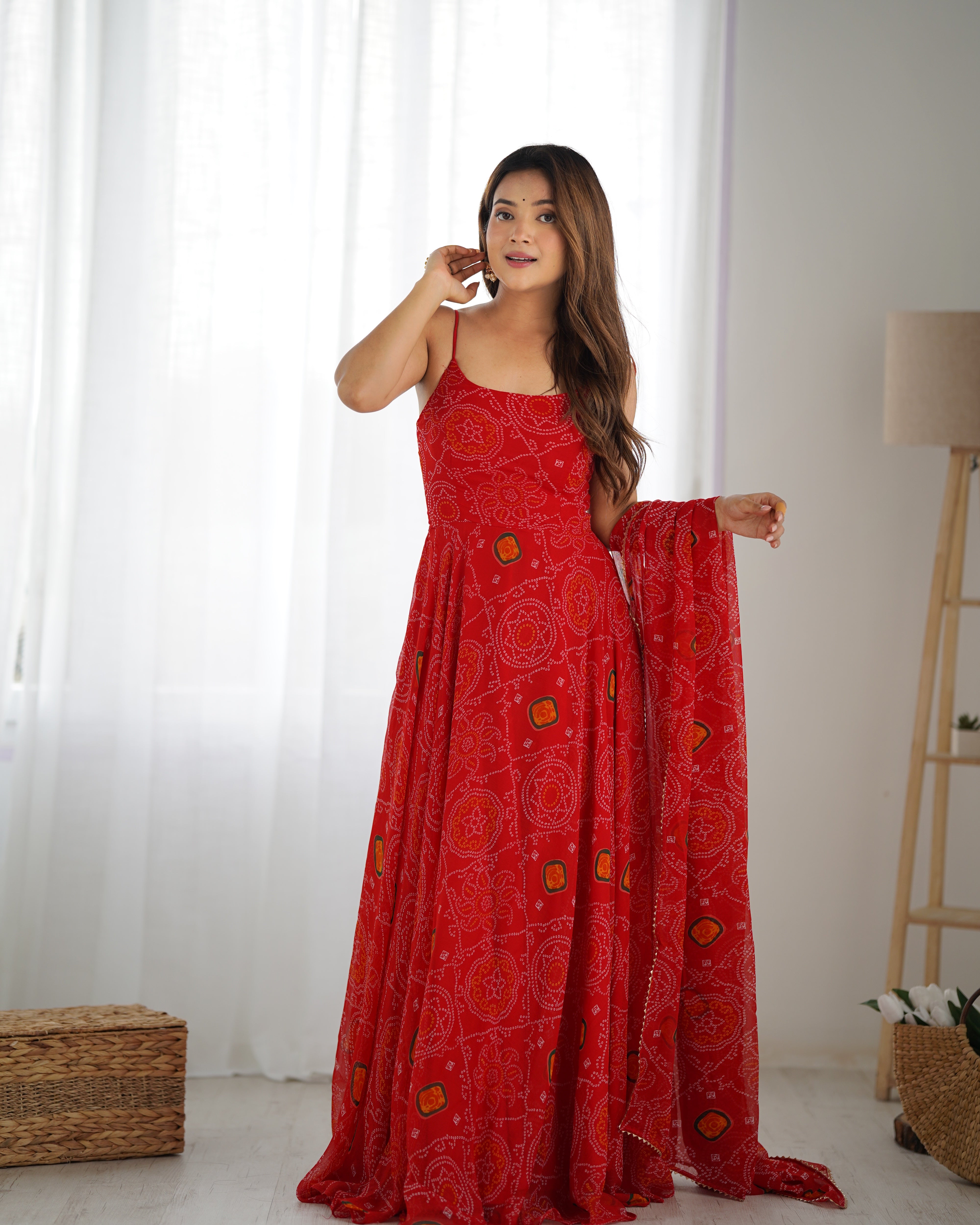 Designer Lightweight Chiffon Bandhej Anarkali Gown Set with Dupatta and Pant