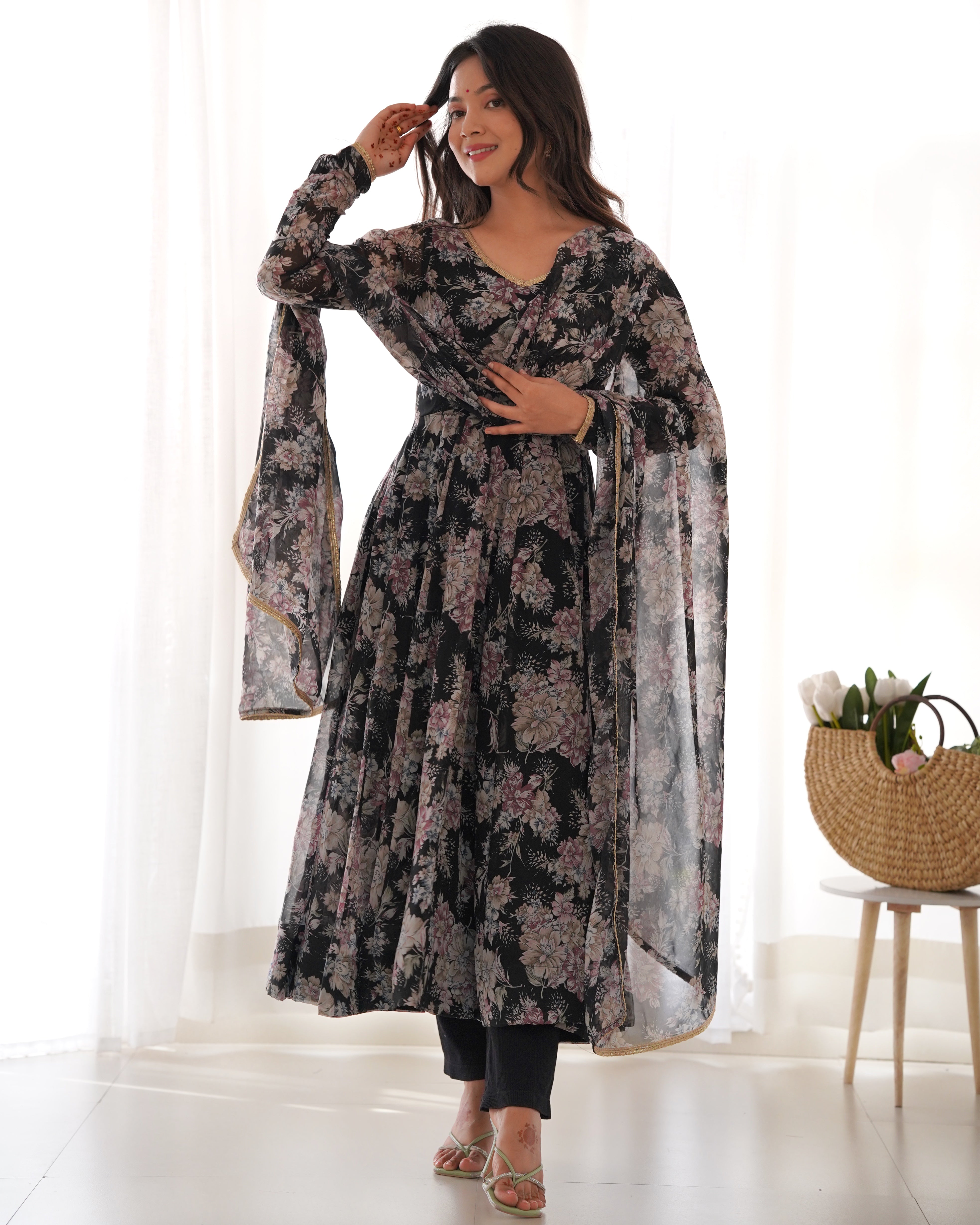 Women's Pure Fox Georgette Multi Floral Print Anarkali Pant Dupatta Set