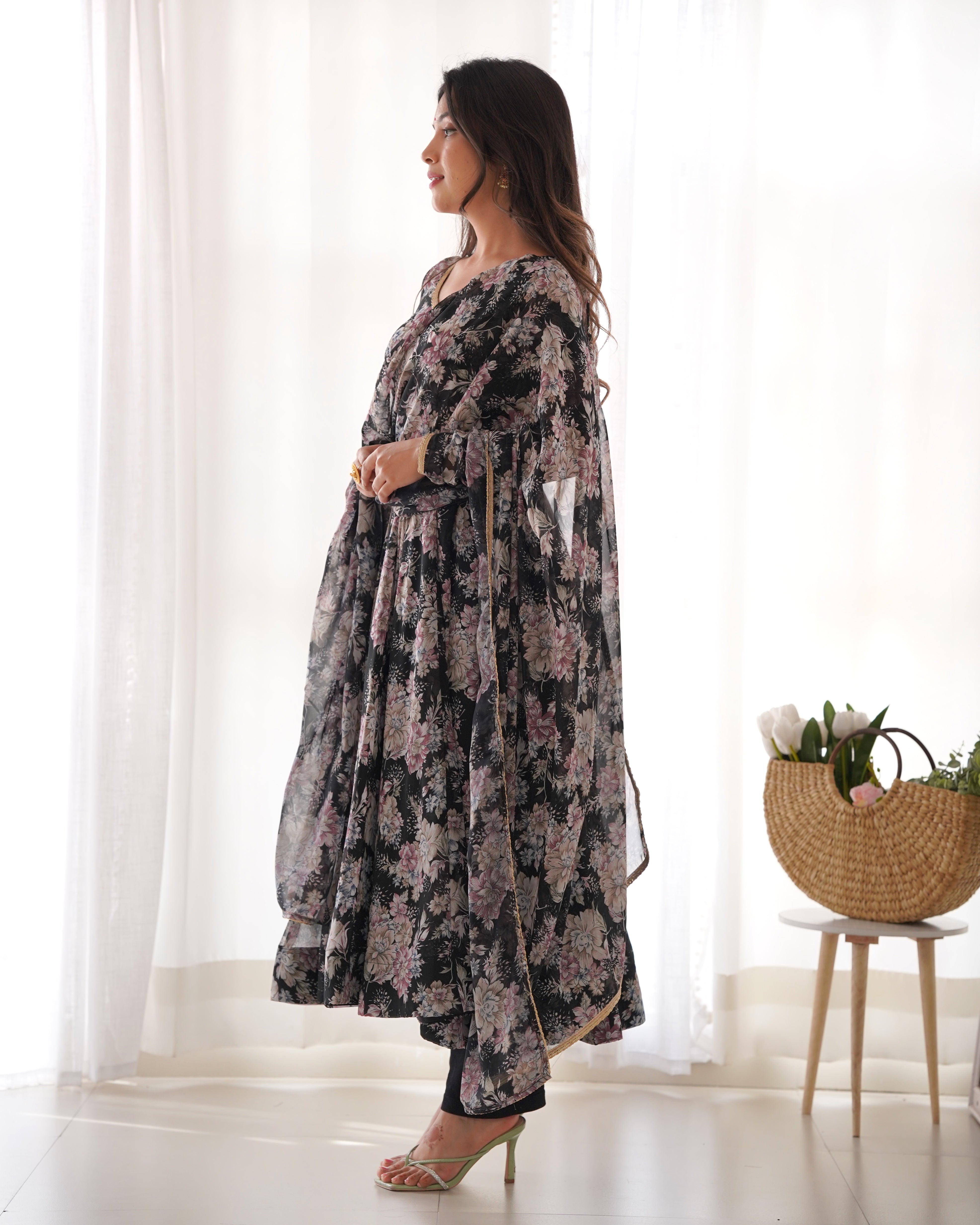 Women's Pure Fox Georgette Multi Floral Print Anarkali Pant Dupatta Set