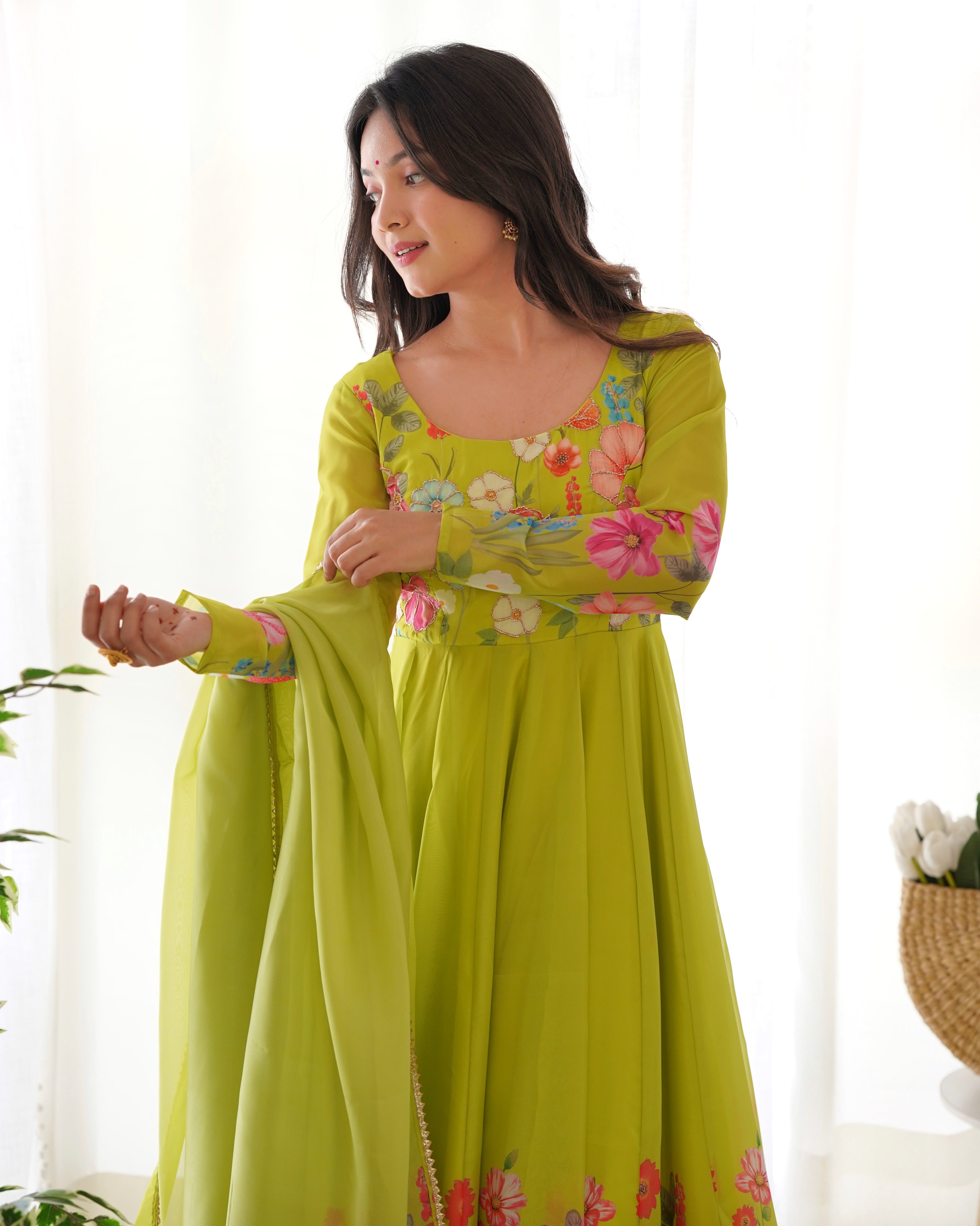 Organza Silk Anarkali Suit Set with Badla Jari Work and Dupatta