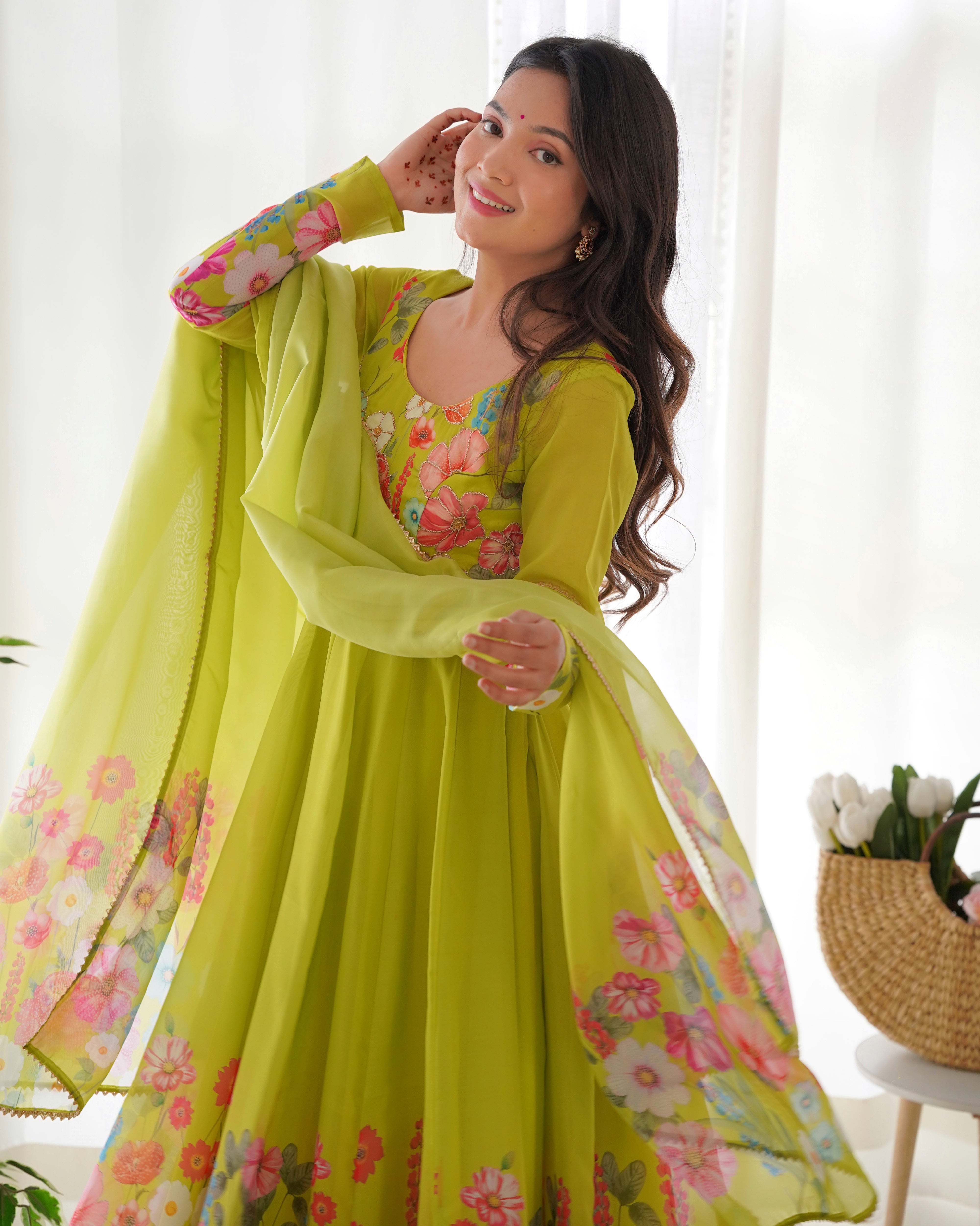 Organza Silk Anarkali Suit Set with Badla Jari Work and Dupatta