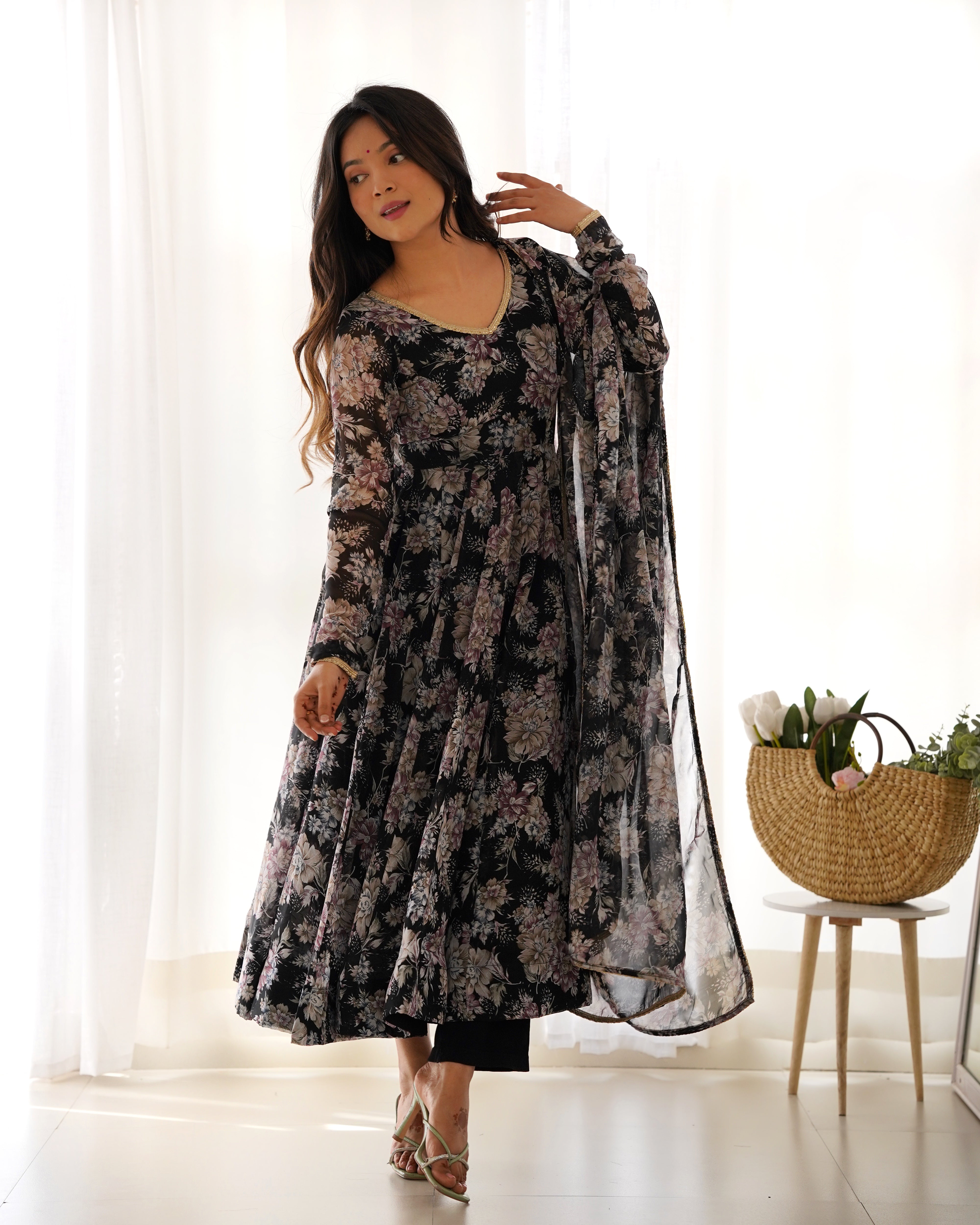 Women's Pure Fox Georgette Multi Floral Print Anarkali Pant Dupatta Set