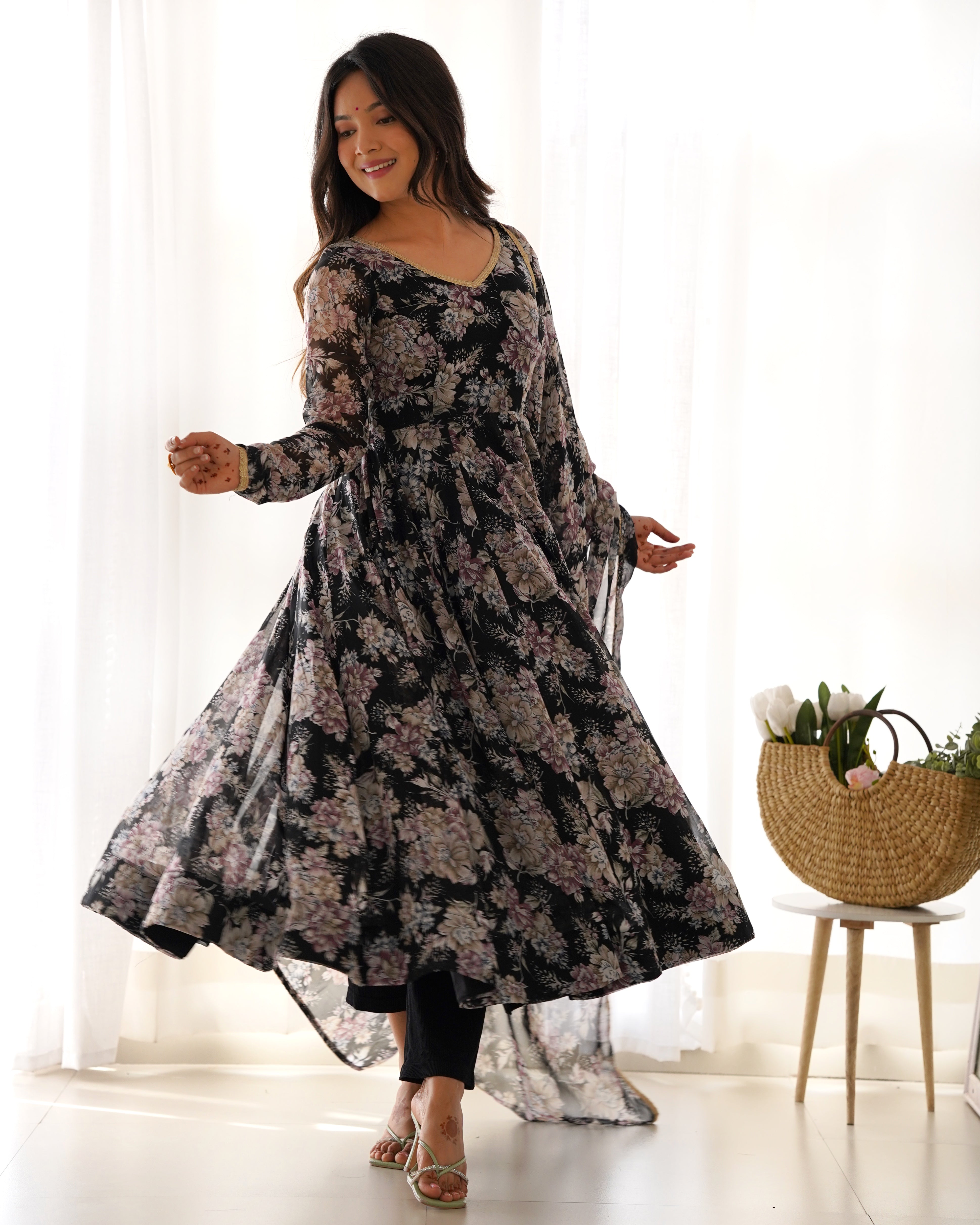 Women's Pure Fox Georgette Multi Floral Print Anarkali Pant Dupatta Set