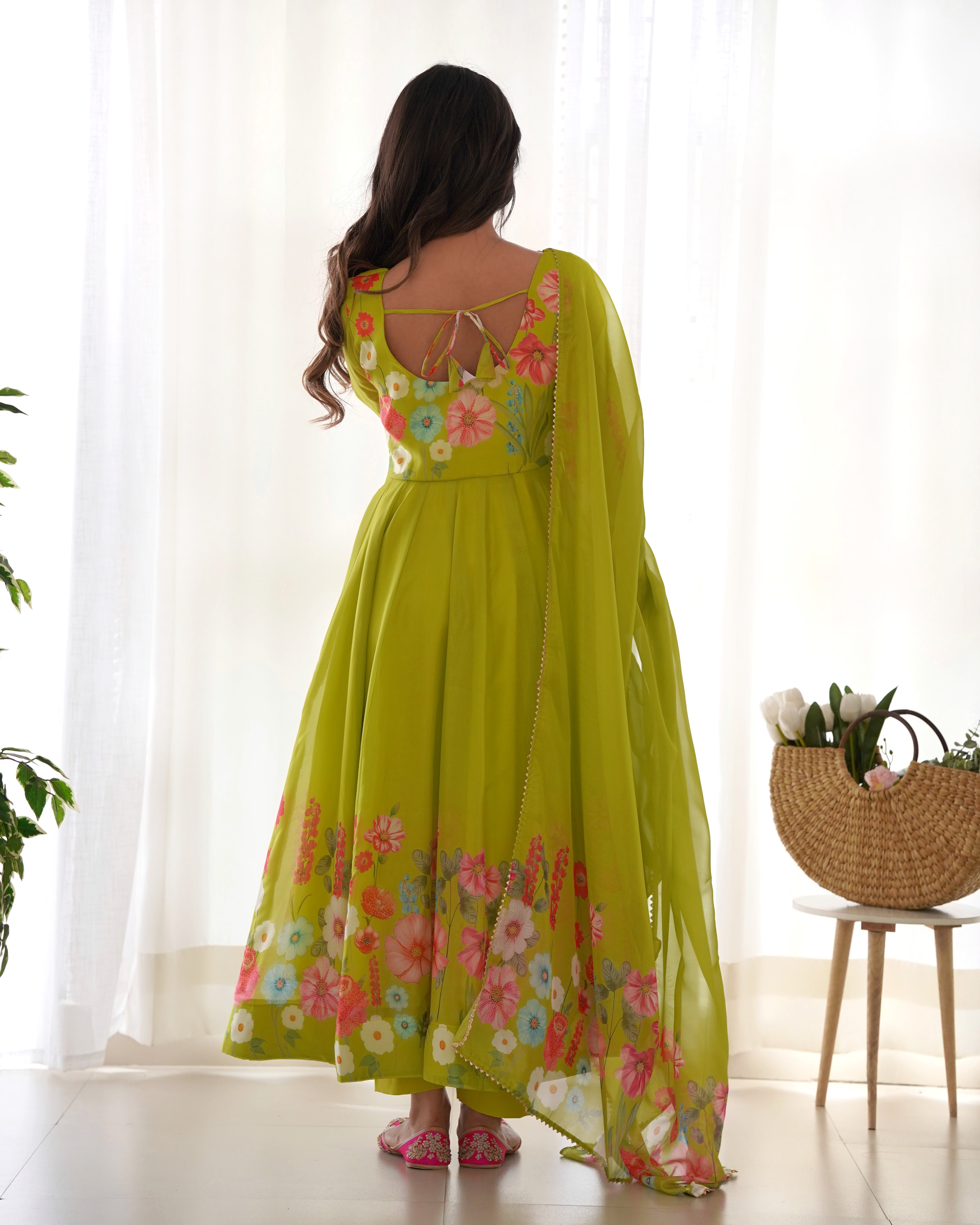 Organza Silk Anarkali Suit Set with Badla Jari Work and Dupatta