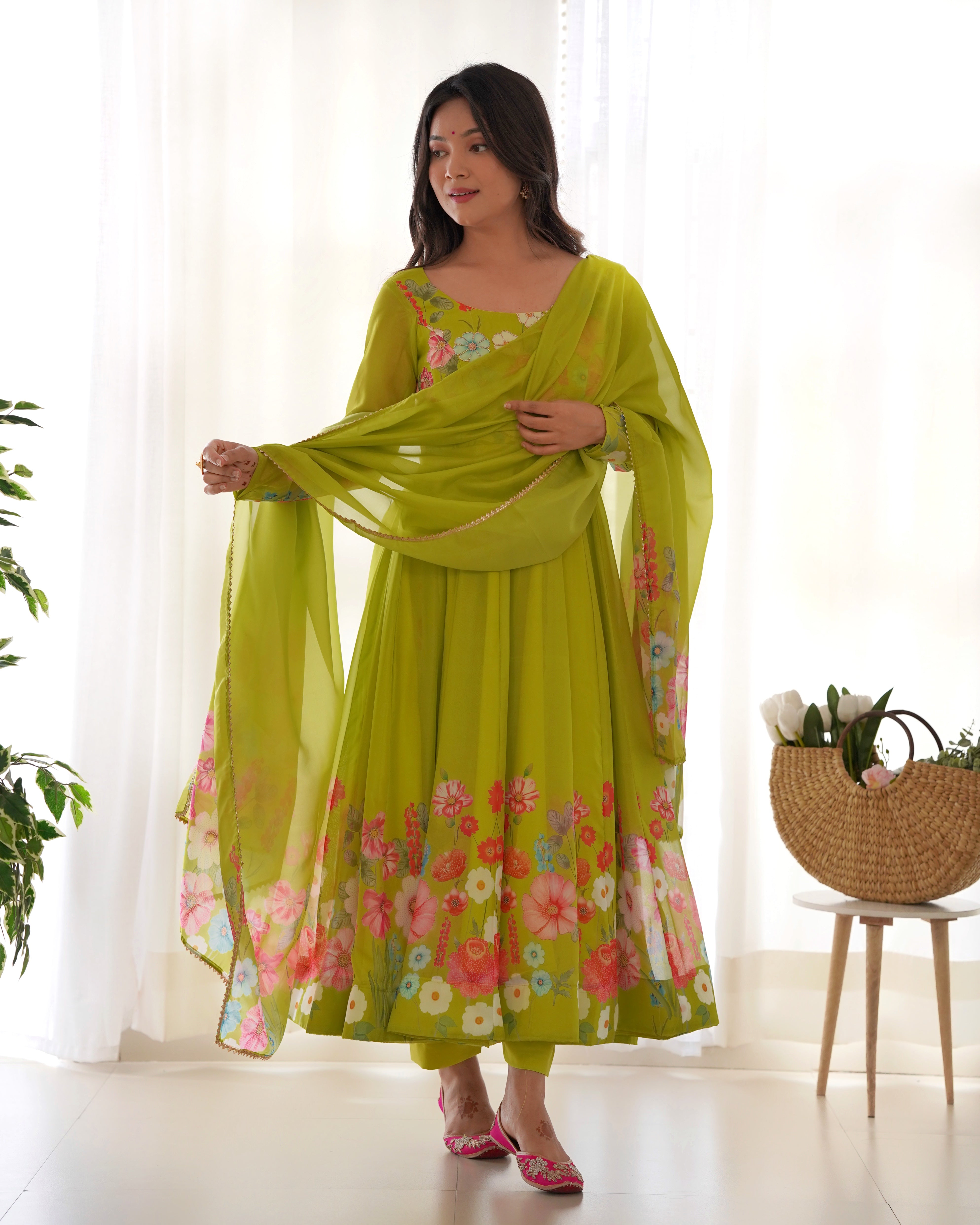 Organza Silk Anarkali Suit Set with Badla Jari Work and Dupatta