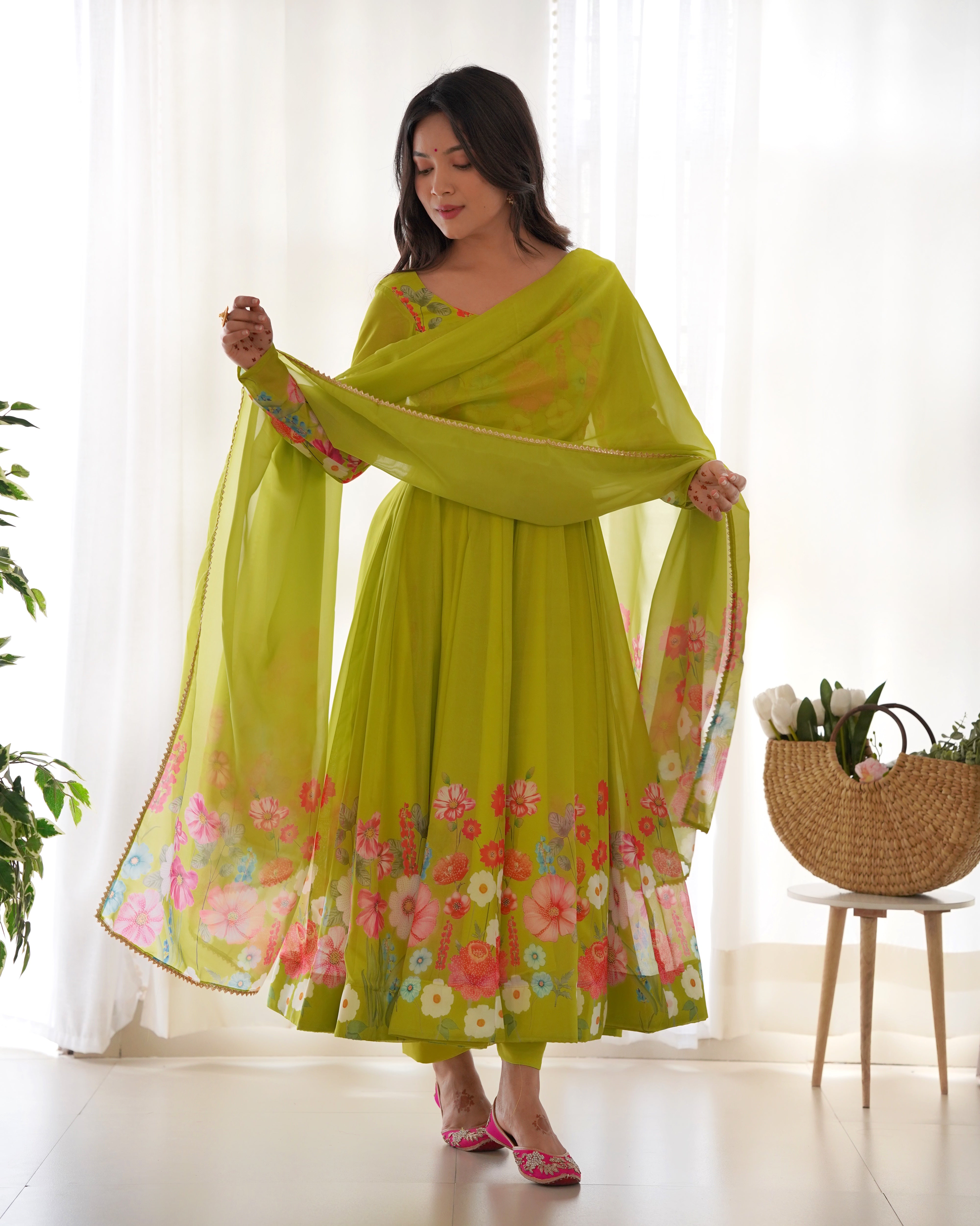 Organza Silk Anarkali Suit Set with Badla Jari Work and Dupatta