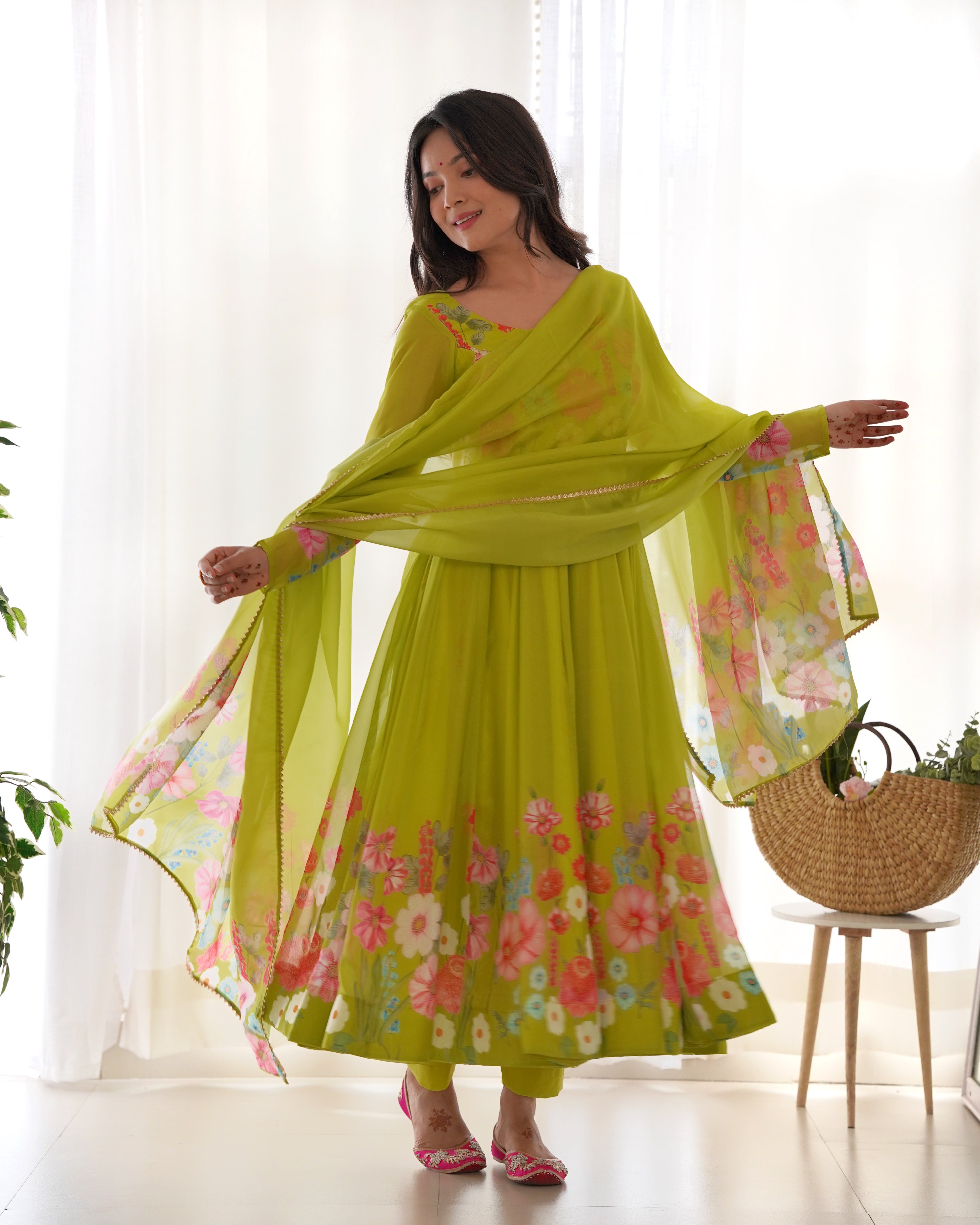 Organza Silk Anarkali Suit Set with Badla Jari Work and Dupatta