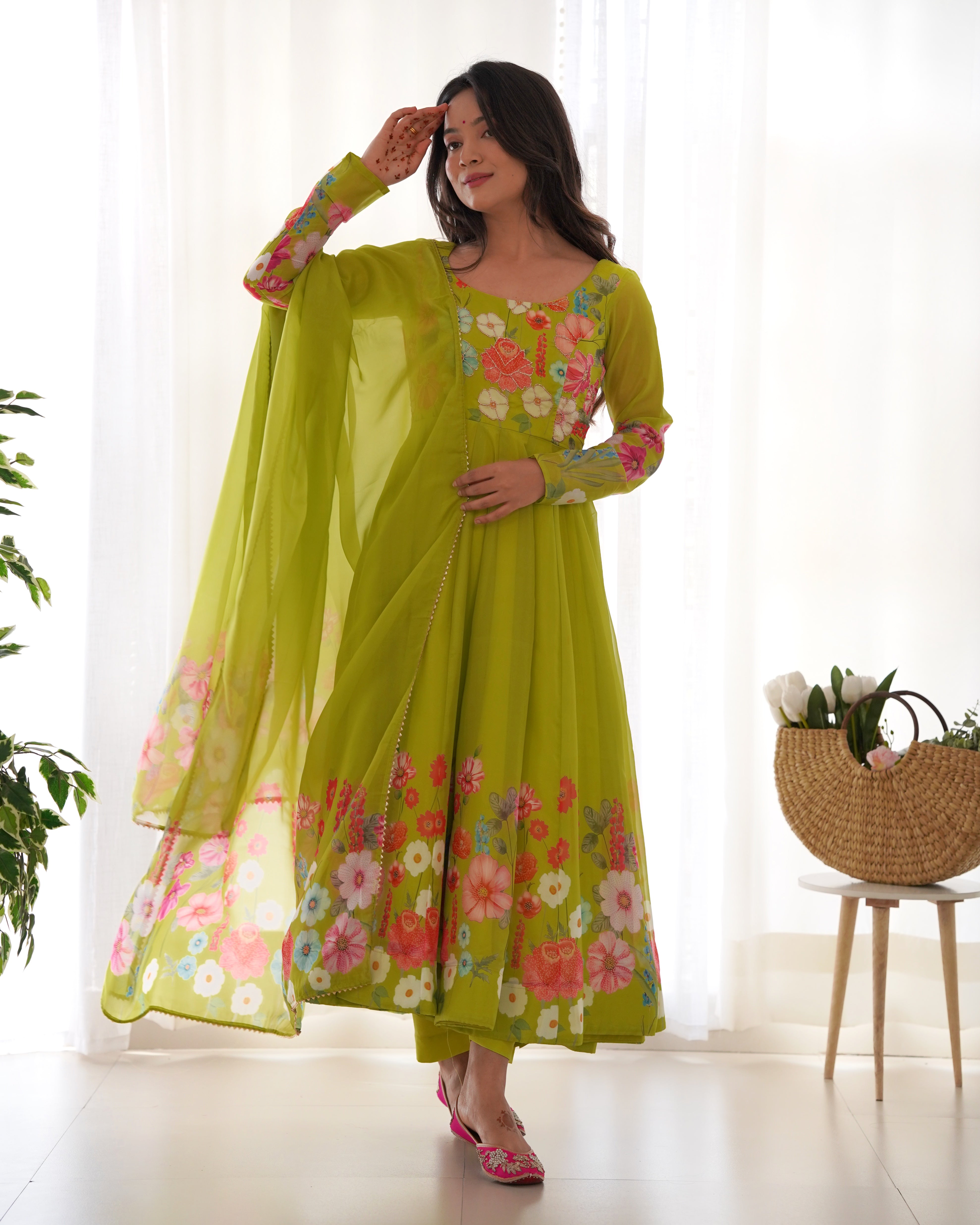 Organza Silk Anarkali Suit Set with Badla Jari Work and Dupatta
