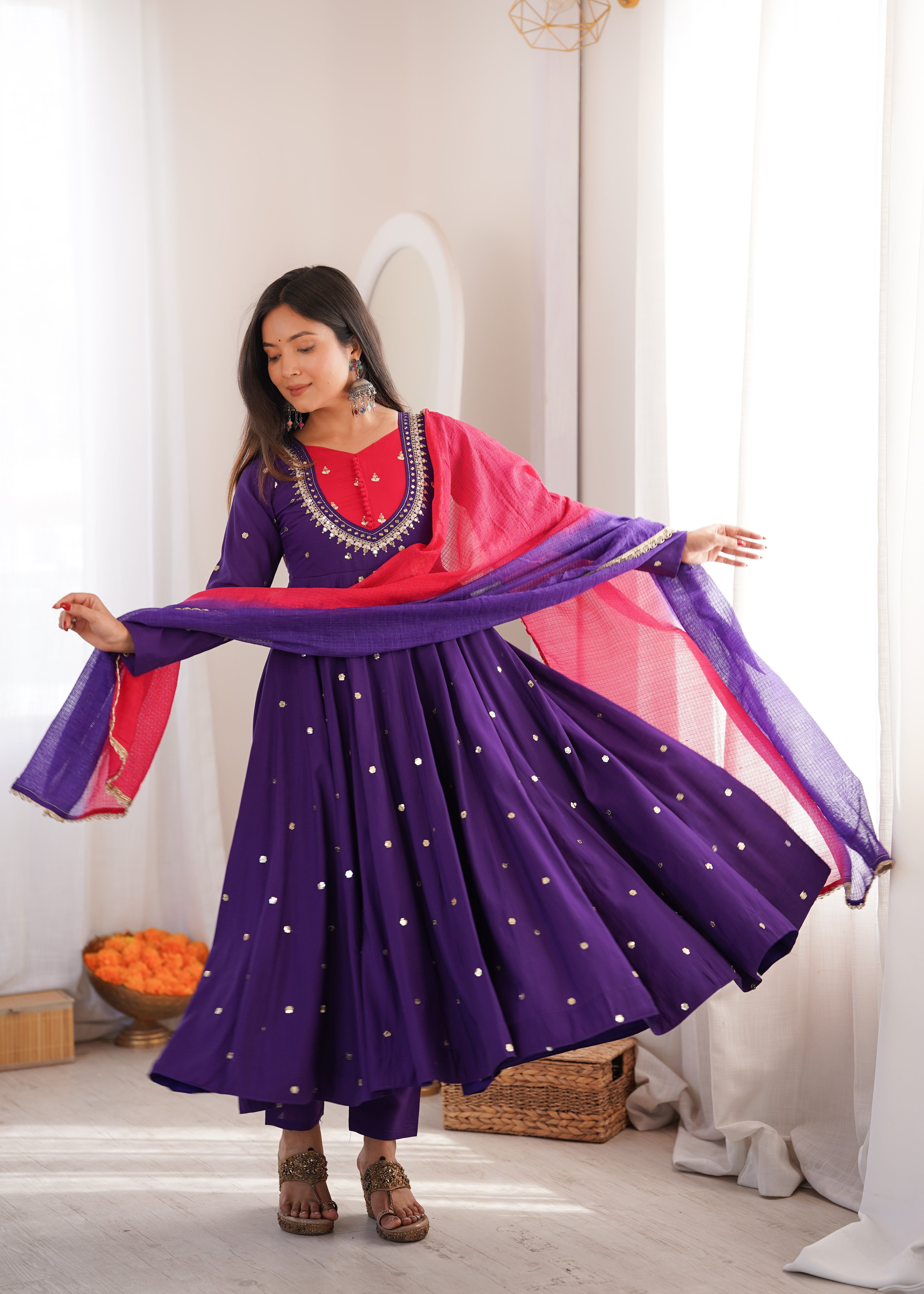 Roman Silk Embroidered Anarkali Gown with Real Mirror Work Three Piece Set