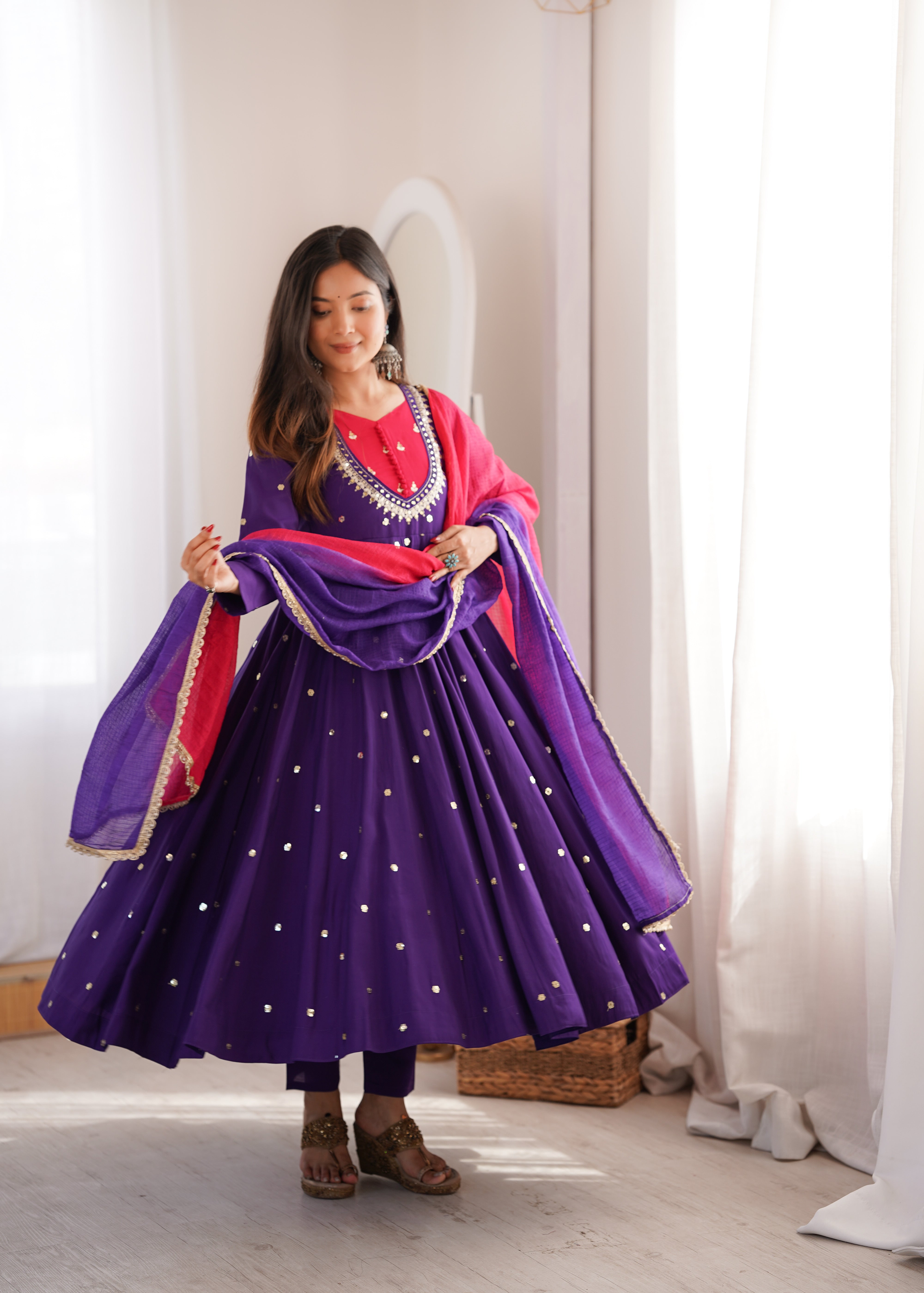 Roman Silk Embroidered Anarkali Gown with Real Mirror Work Three Piece Set