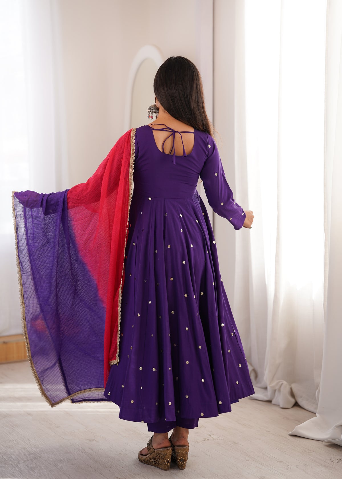 Roman Silk Embroidered Anarkali Gown with Real Mirror Work Three Piece Set