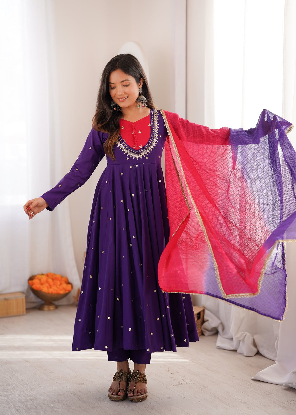 Roman Silk Embroidered Anarkali Gown with Real Mirror Work Three Piece Set
