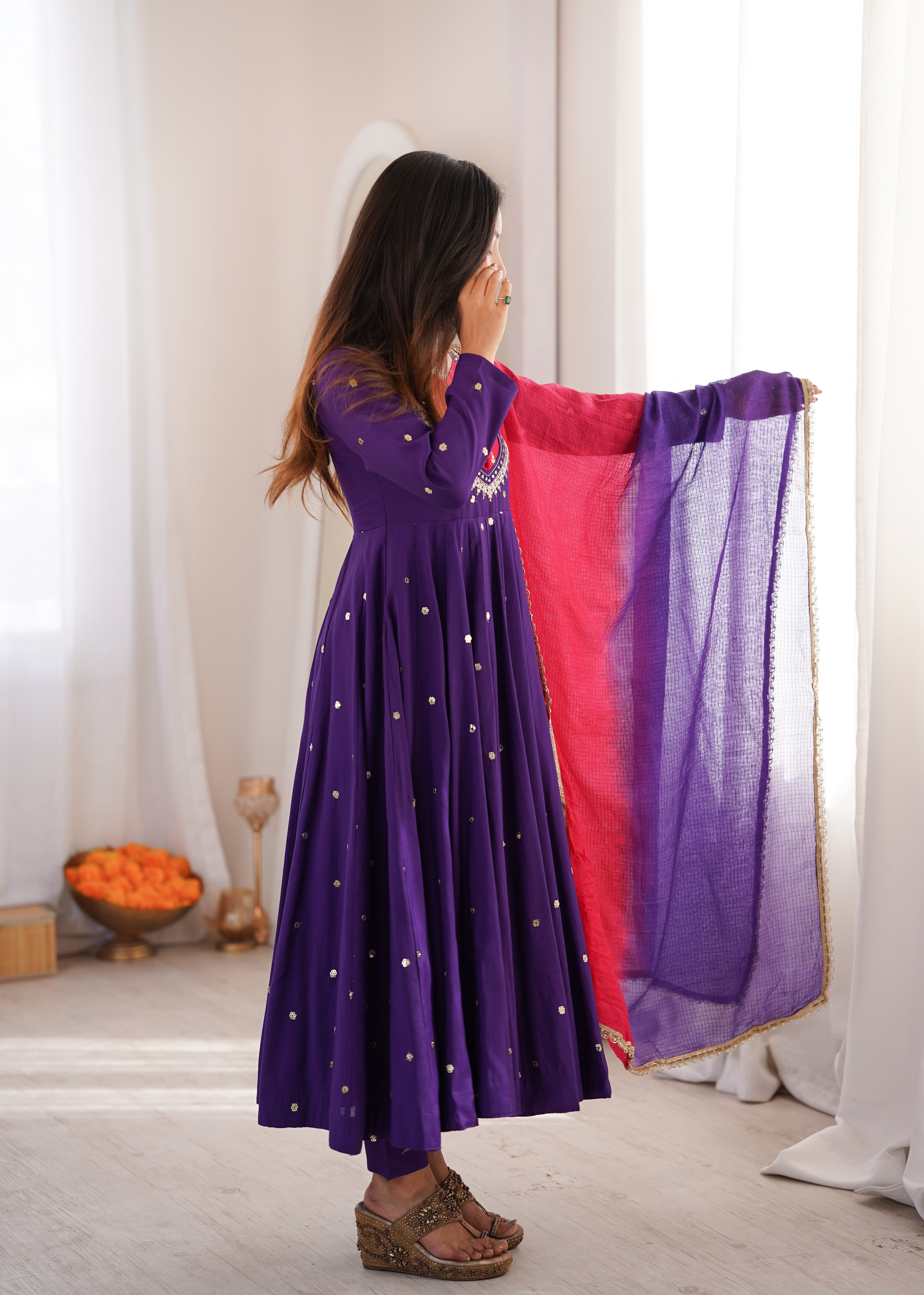 Roman Silk Embroidered Anarkali Gown with Real Mirror Work Three Piece Set