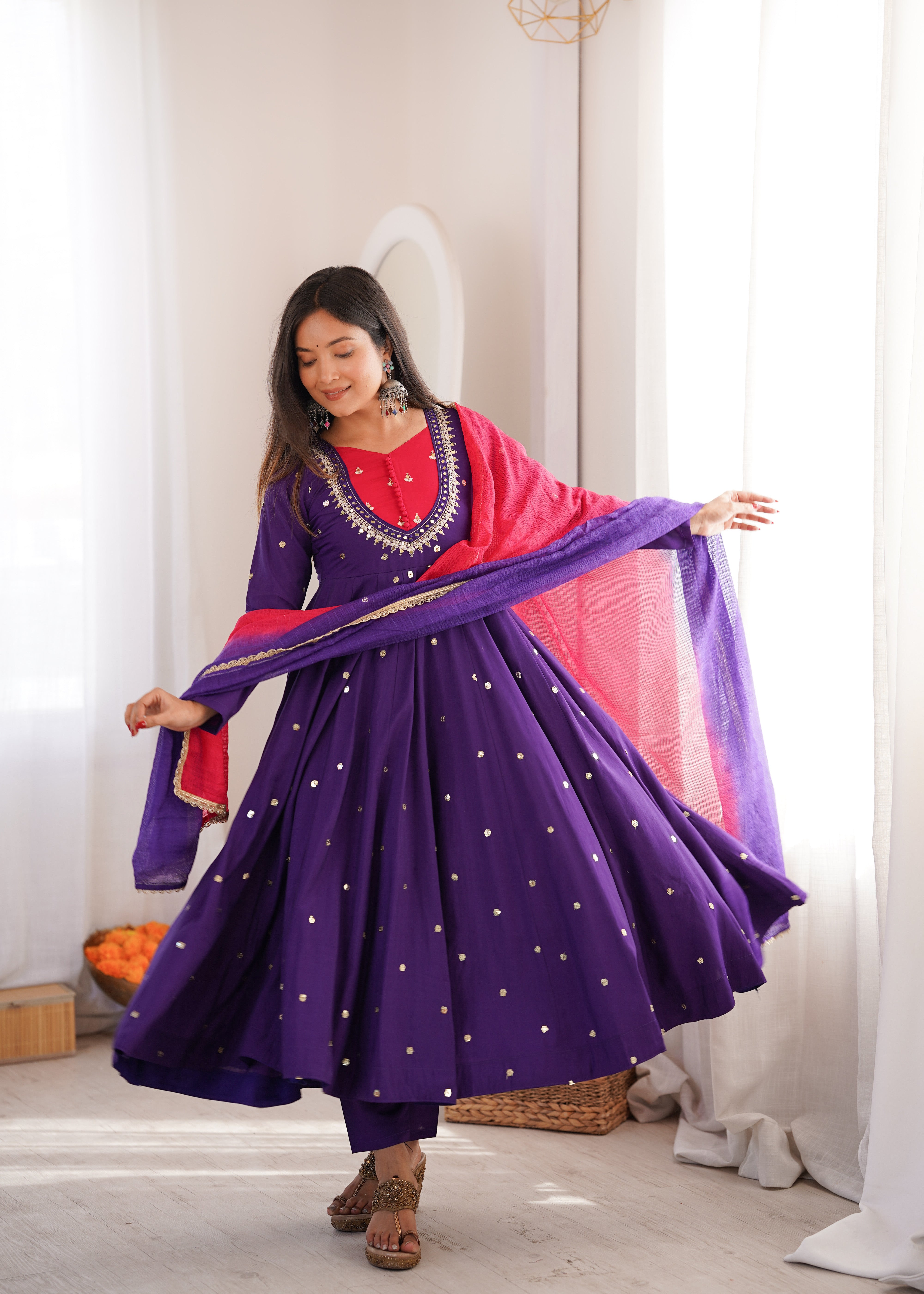 Roman Silk Embroidered Anarkali Gown with Real Mirror Work Three Piece Set