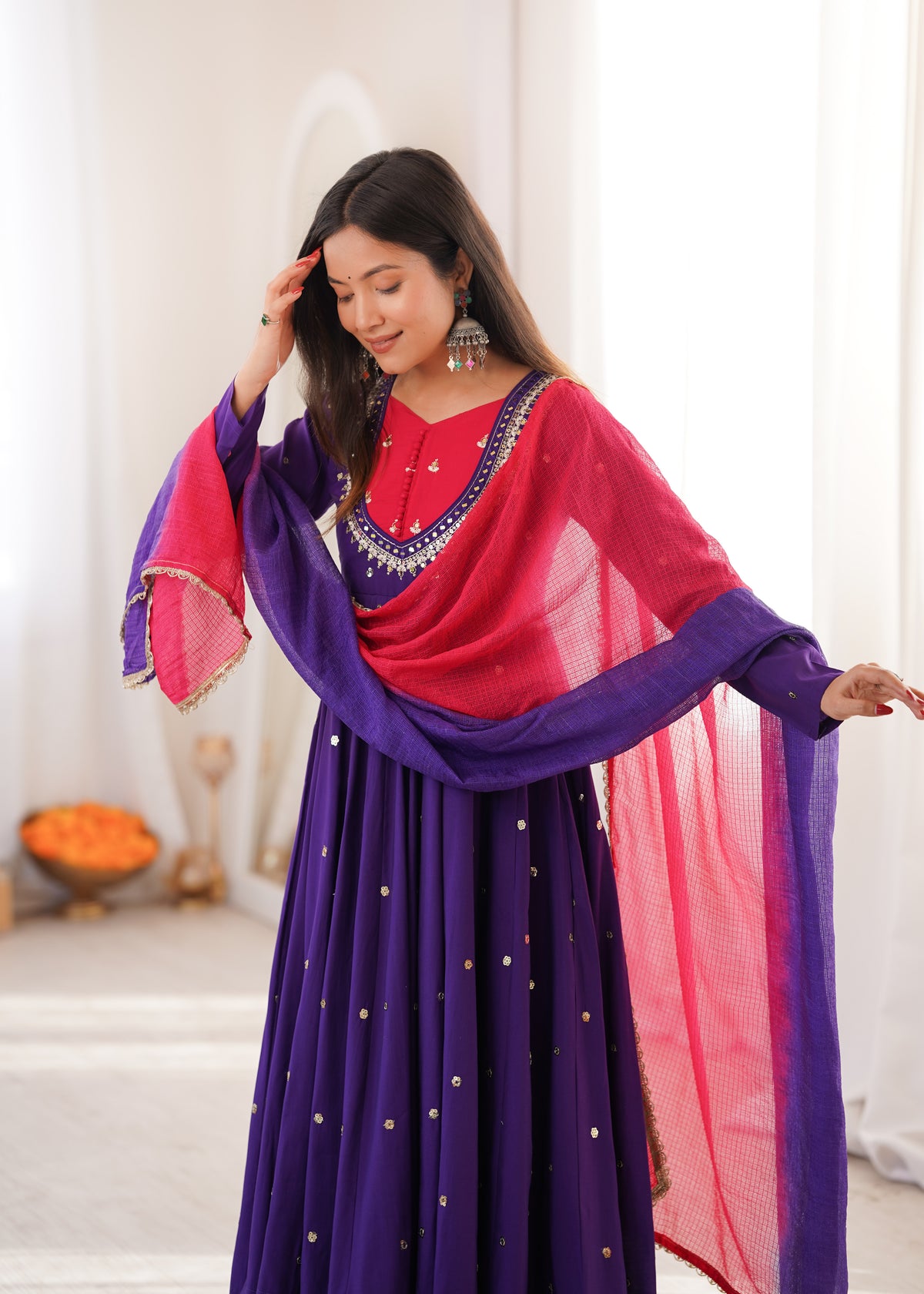 Roman Silk Embroidered Anarkali Gown with Real Mirror Work Three Piece Set