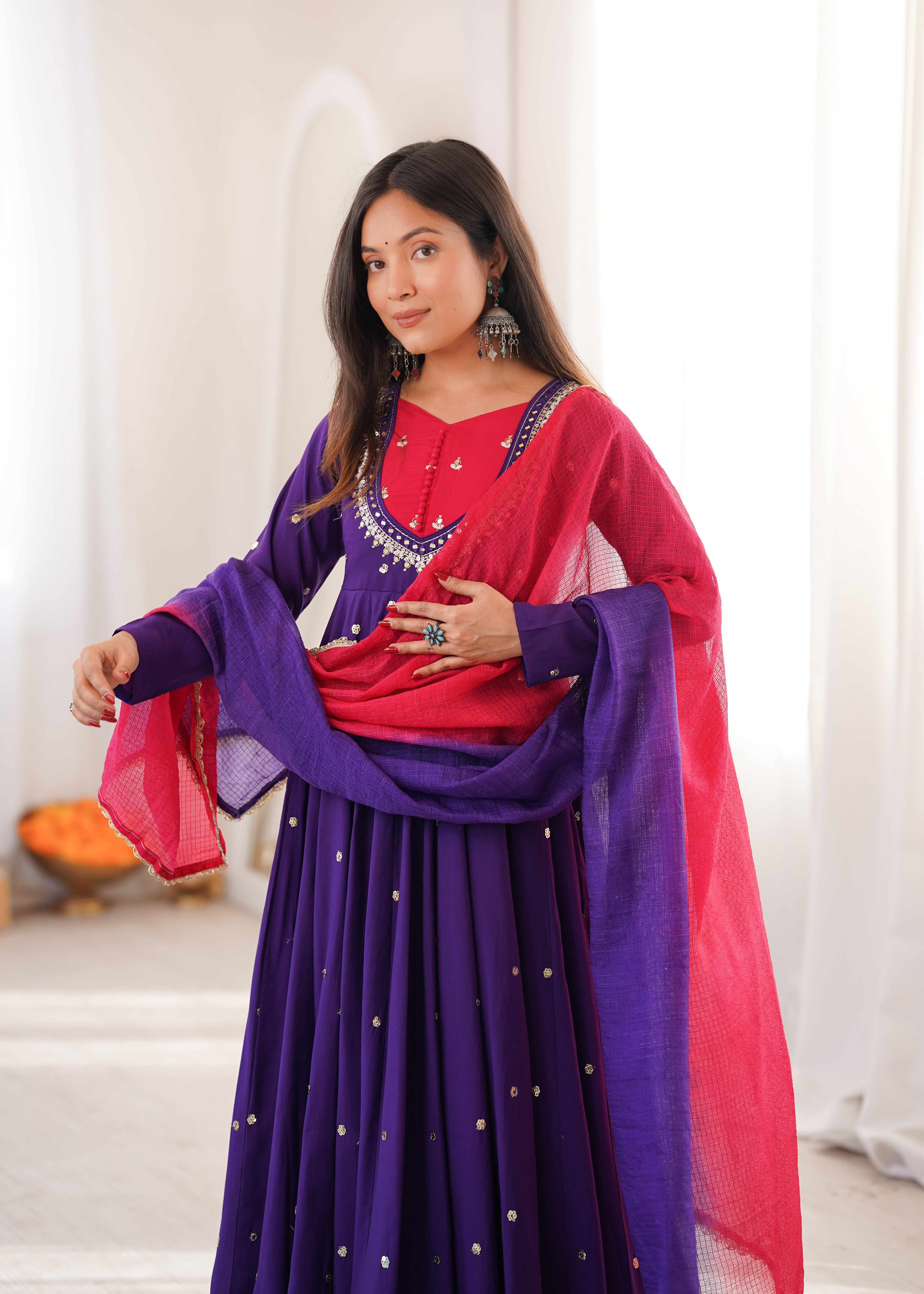 Roman Silk Embroidered Anarkali Gown with Real Mirror Work Three Piece Set