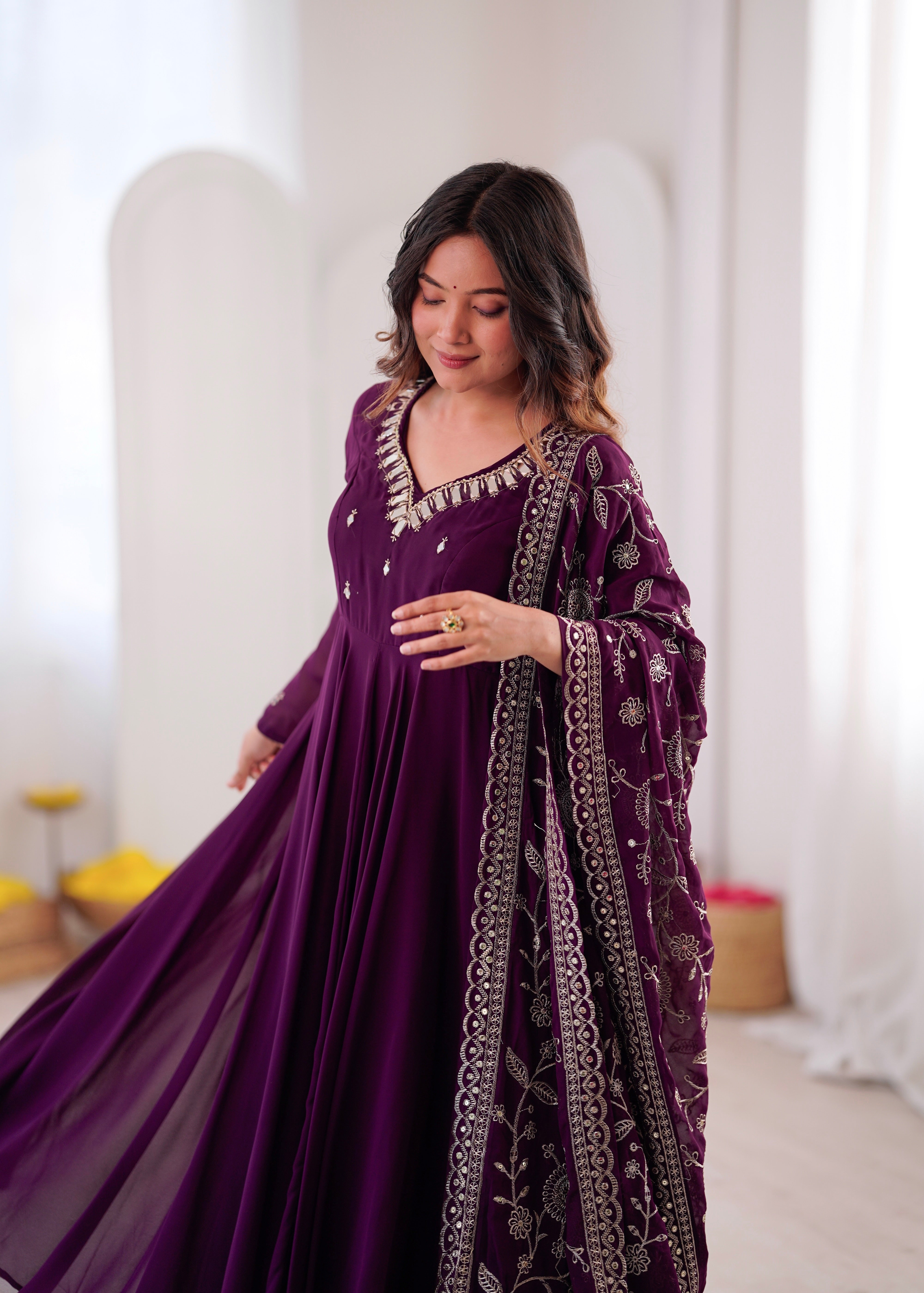Heavy Faux Georgette Khatli Work Anarkali Gown with Real Mirror Designer Three Piece Set