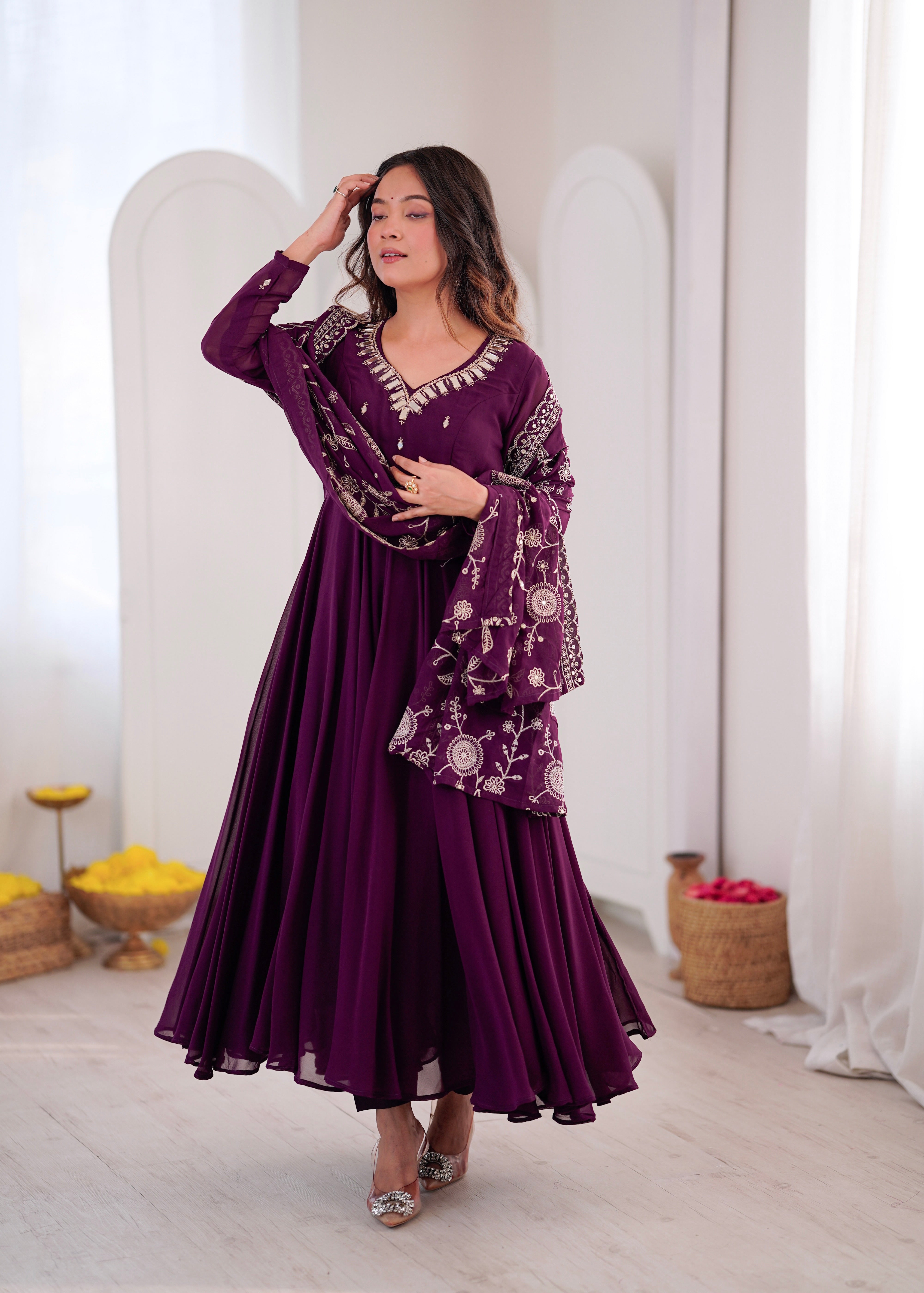 Heavy Faux Georgette Khatli Work Anarkali Gown with Real Mirror Designer Three Piece Set