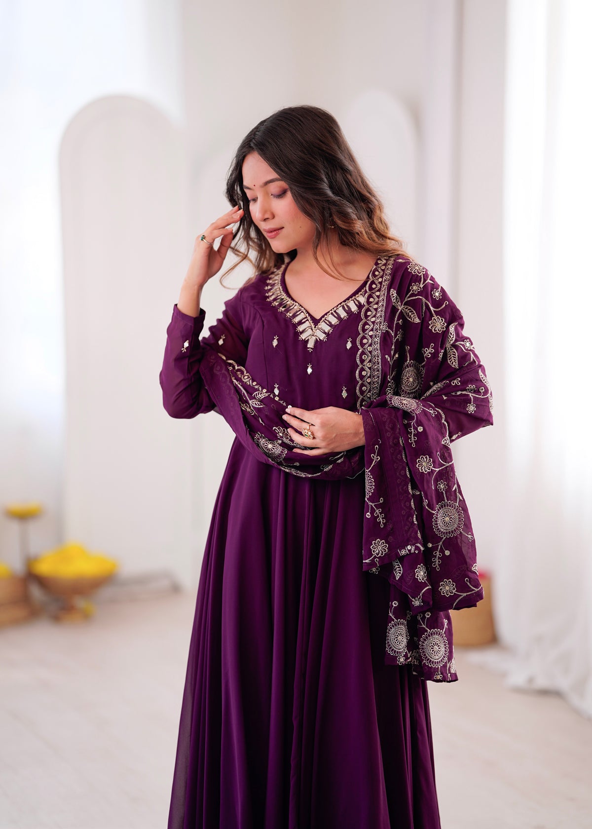 Heavy Faux Georgette Khatli Work Anarkali Gown with Real Mirror Designer Three Piece Set