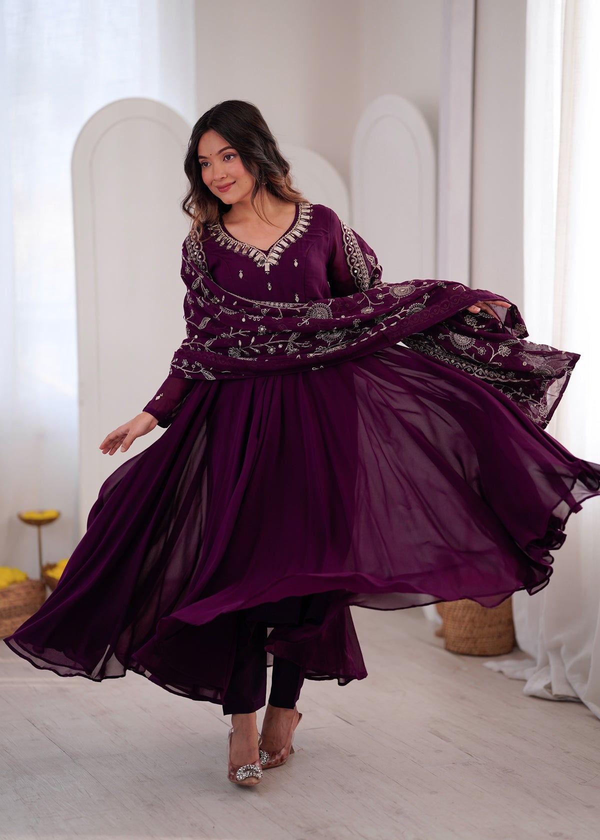 Heavy Faux Georgette Khatli Work Anarkali Gown with Real Mirror Designer Three Piece Set