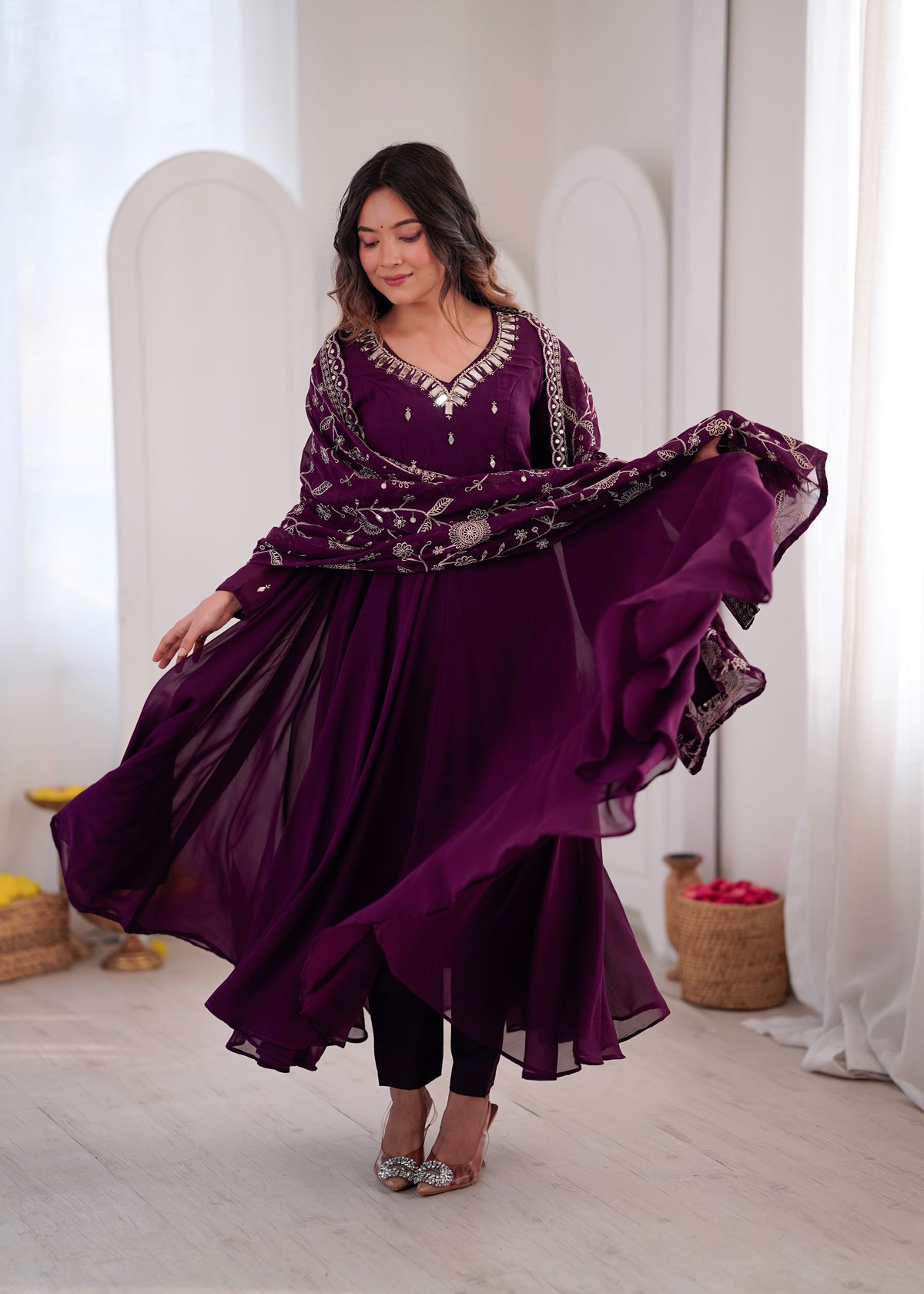 Heavy Faux Georgette Khatli Work Anarkali Gown with Real Mirror Designer Three Piece Set