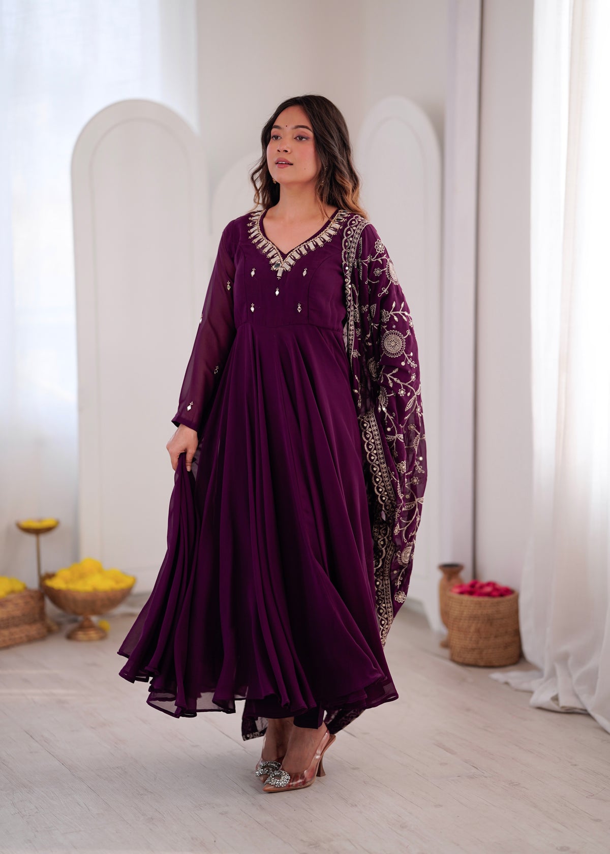 Heavy Faux Georgette Khatli Work Anarkali Gown with Real Mirror Designer Three Piece Set
