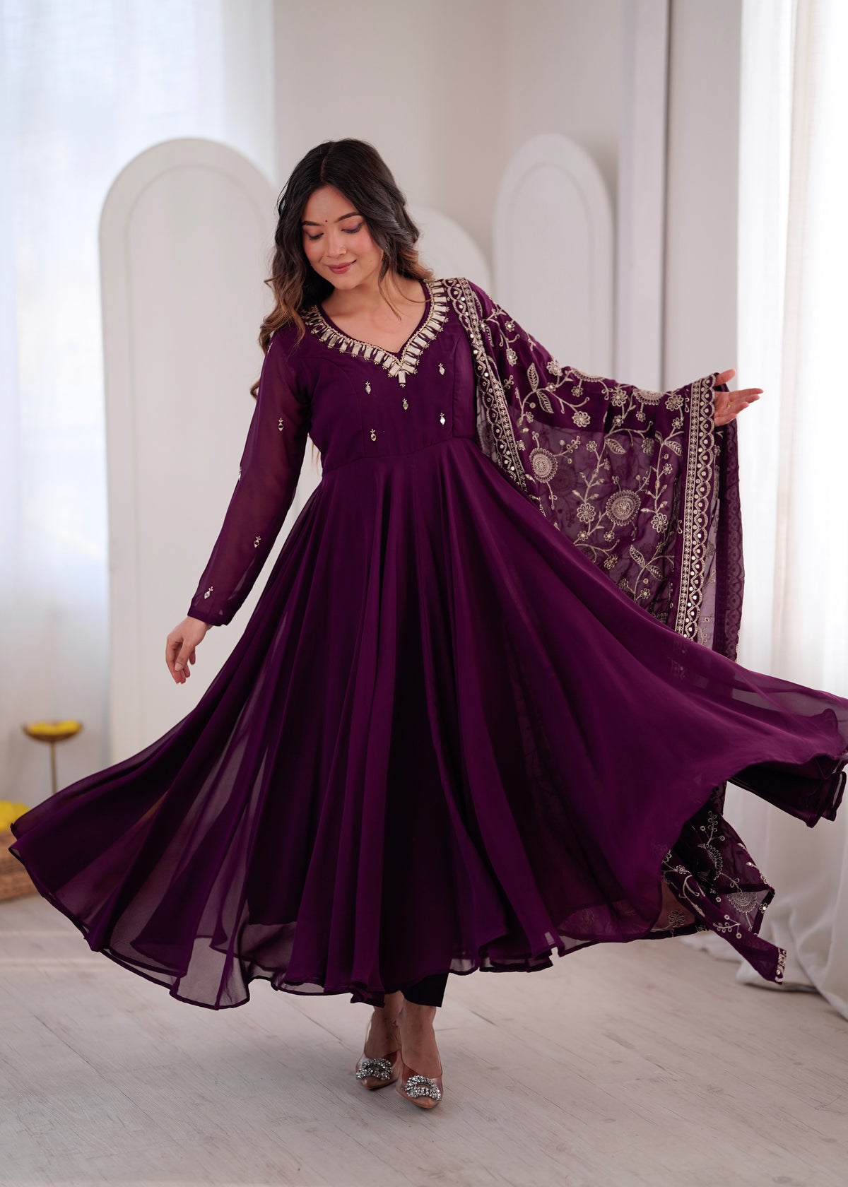 Heavy Faux Georgette Khatli Work Anarkali Gown with Real Mirror Designer Three Piece Set