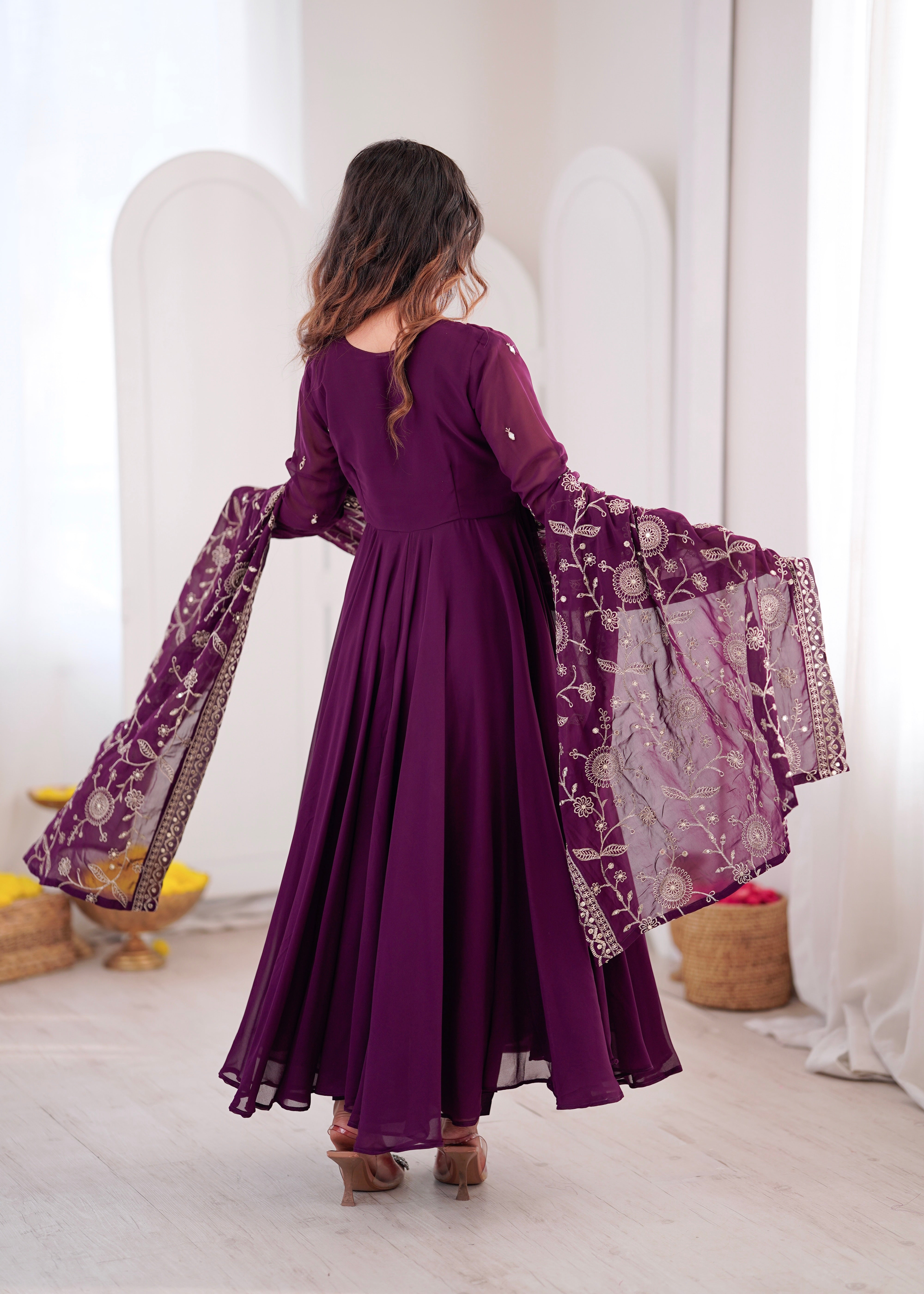 Heavy Faux Georgette Khatli Work Anarkali Gown with Real Mirror Designer Three Piece Set