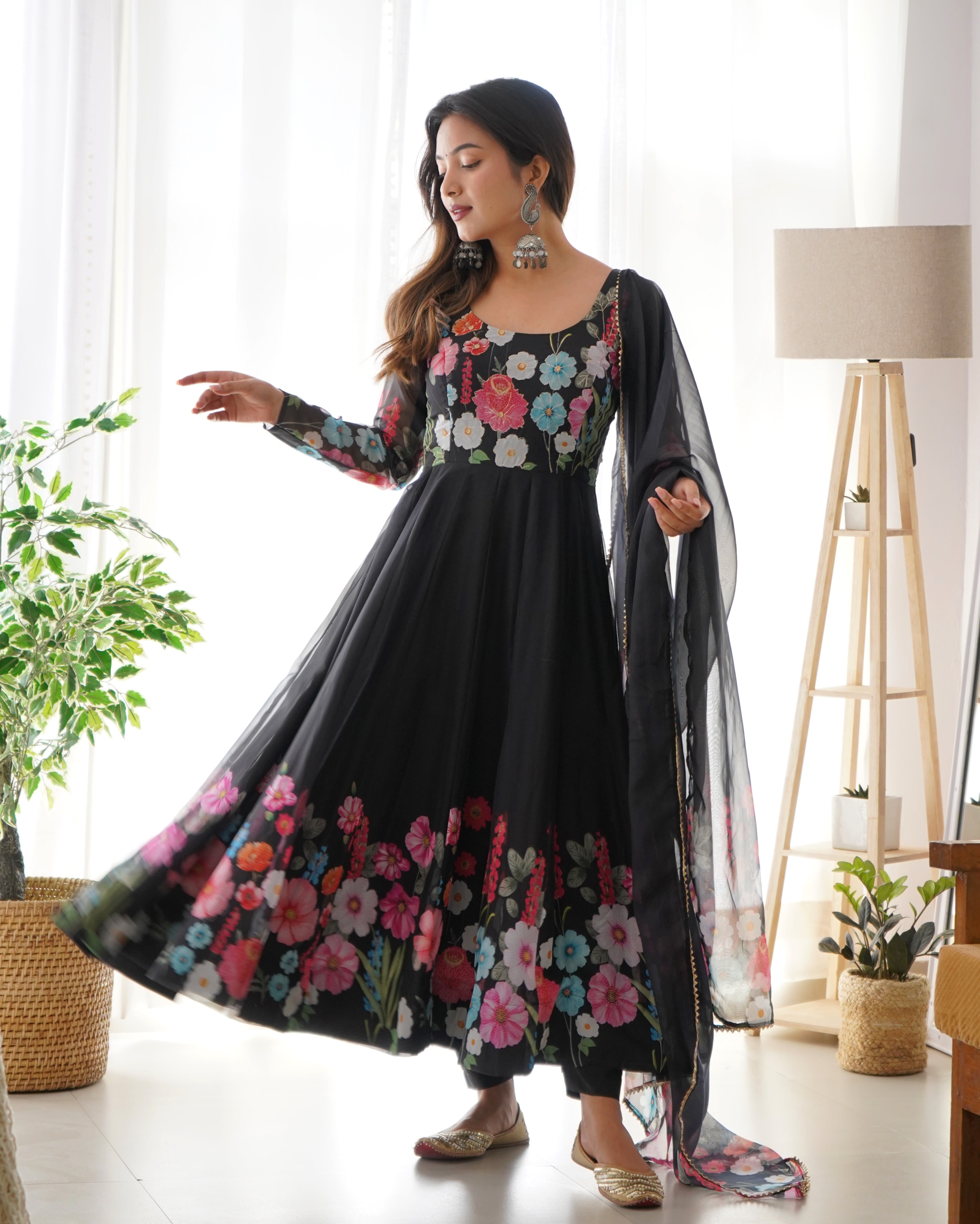 Organza Silk Anarkali Suit Set with Badla Jari Work and Dupatta