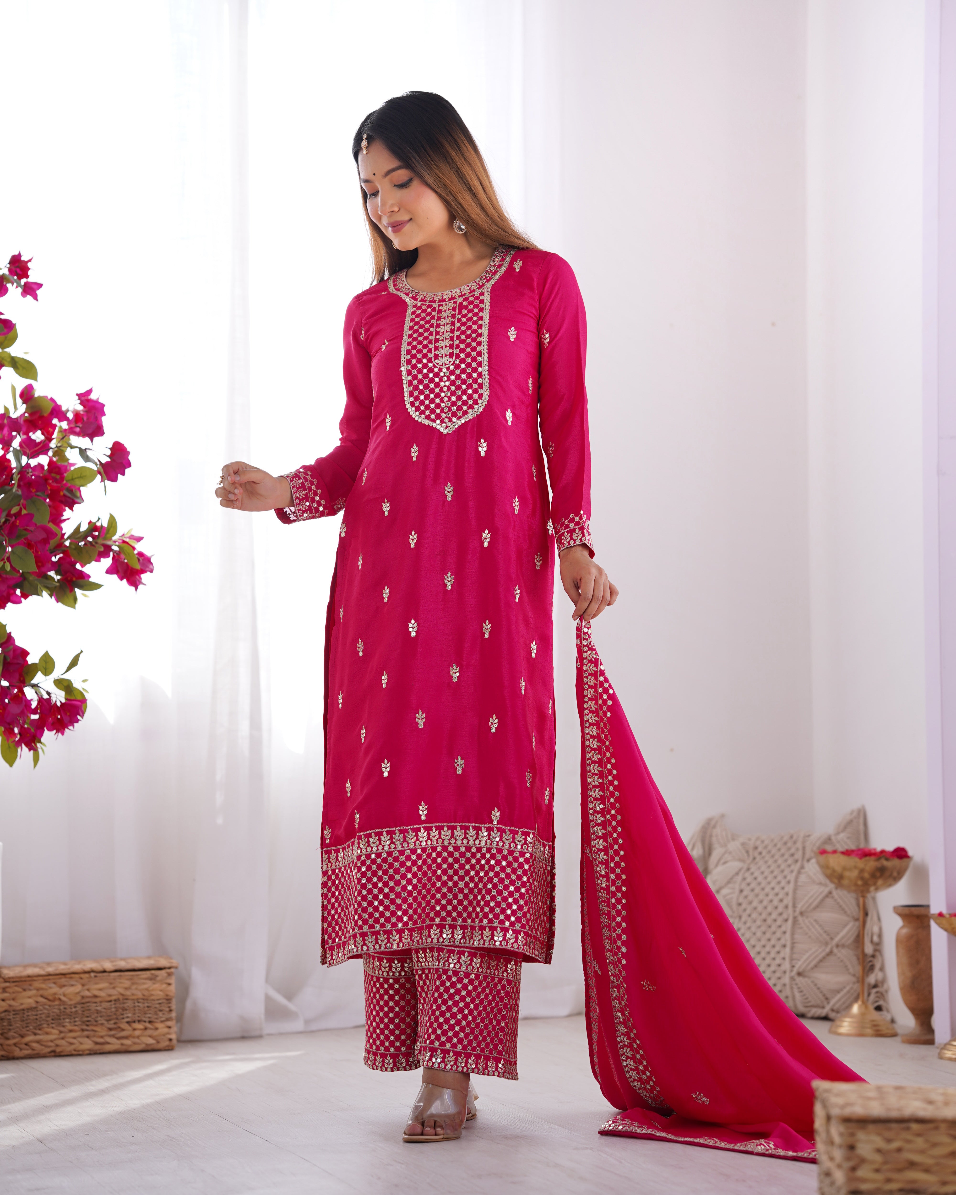 Women's Pure Chinon Silk Straight Kurta Pant Dupatta Set with Embroidery Sequence and Zari Work