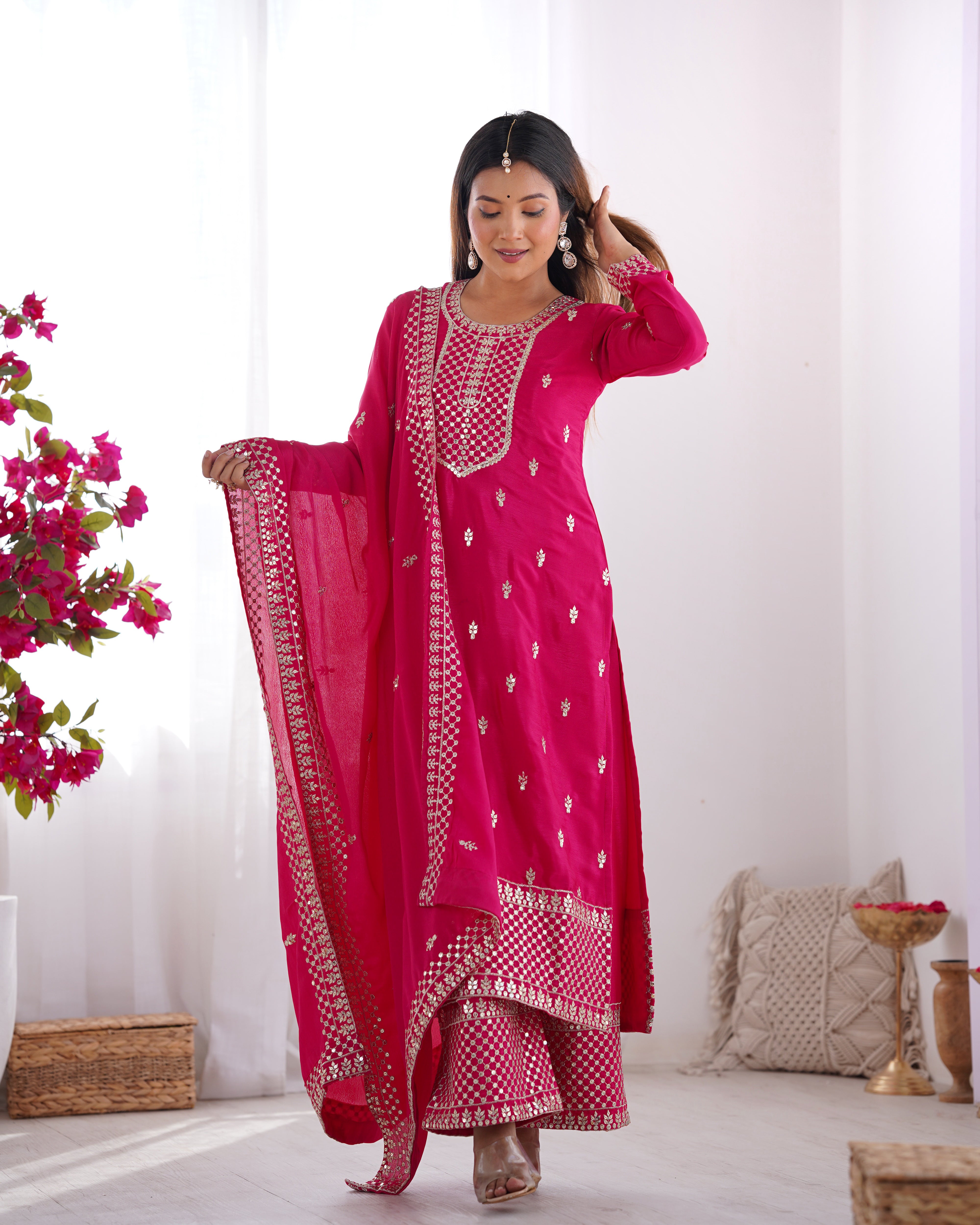 Women's Pure Chinon Silk Straight Kurta Pant Dupatta Set with Embroidery Sequence and Zari Work