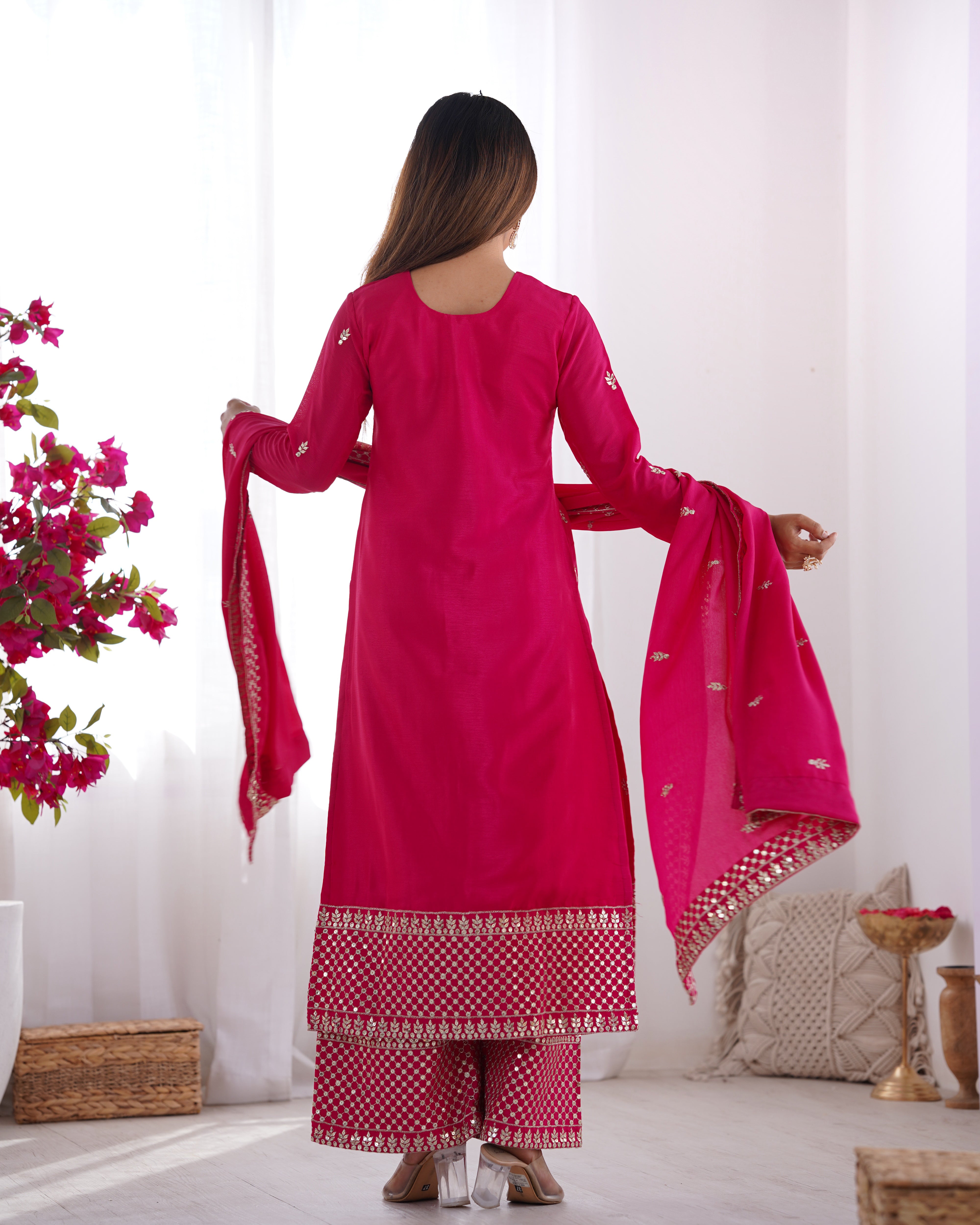 Women's Pure Chinon Silk Straight Kurta Pant Dupatta Set with Embroidery Sequence and Zari Work