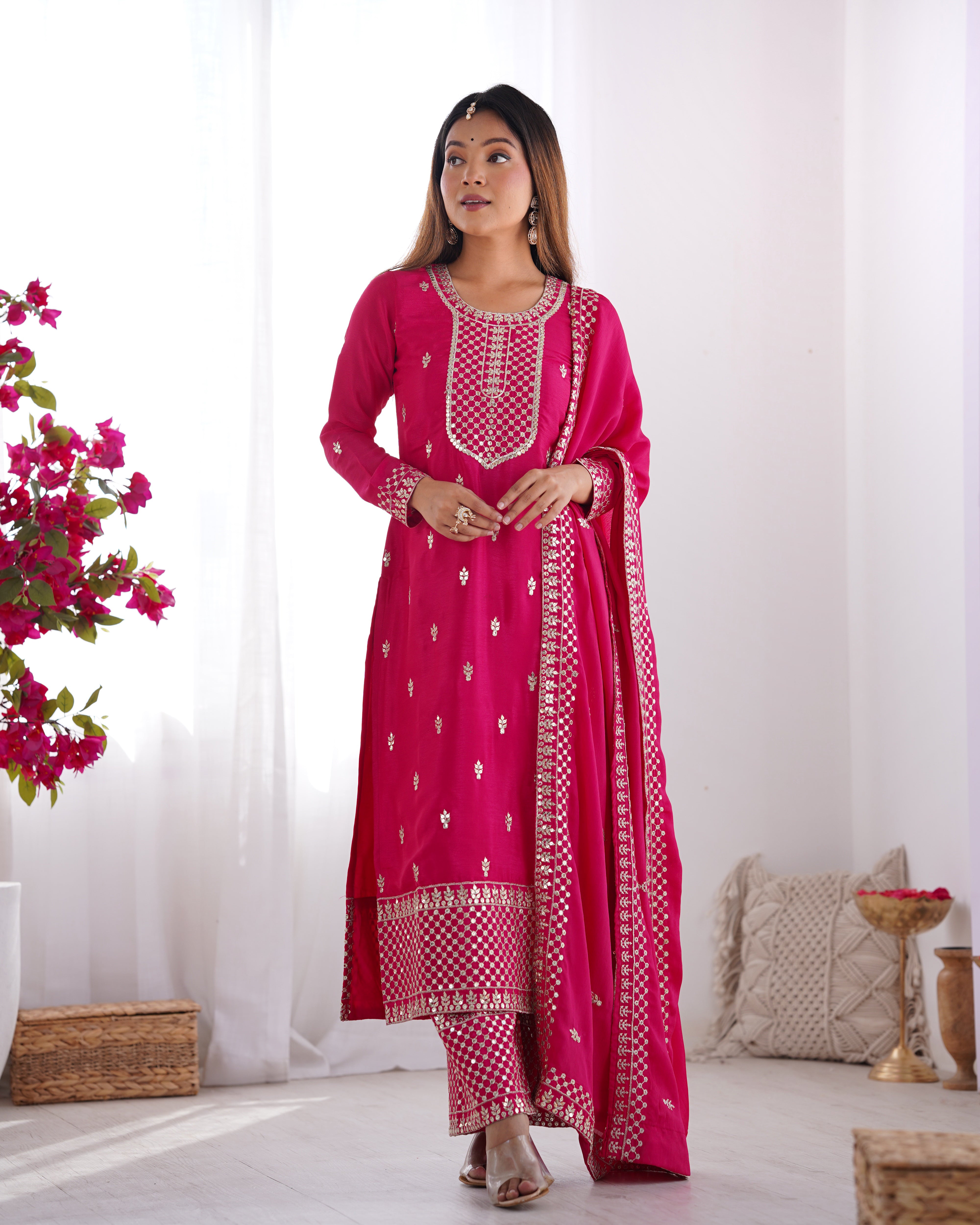 Women's Pure Chinon Silk Straight Kurta Pant Dupatta Set with Embroidery Sequence and Zari Work