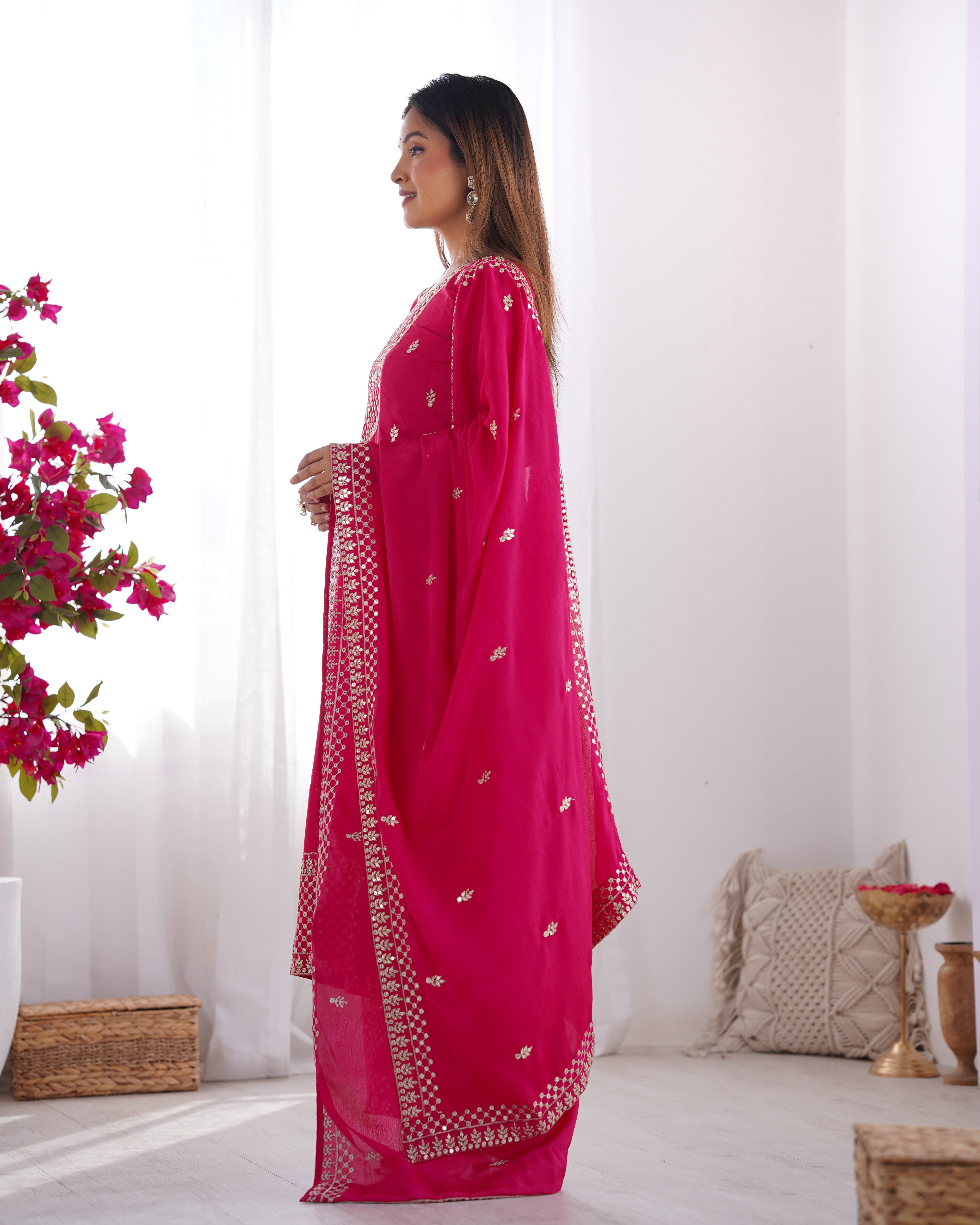 Women's Pure Chinon Silk Straight Kurta Pant Dupatta Set with Embroidery Sequence and Zari Work