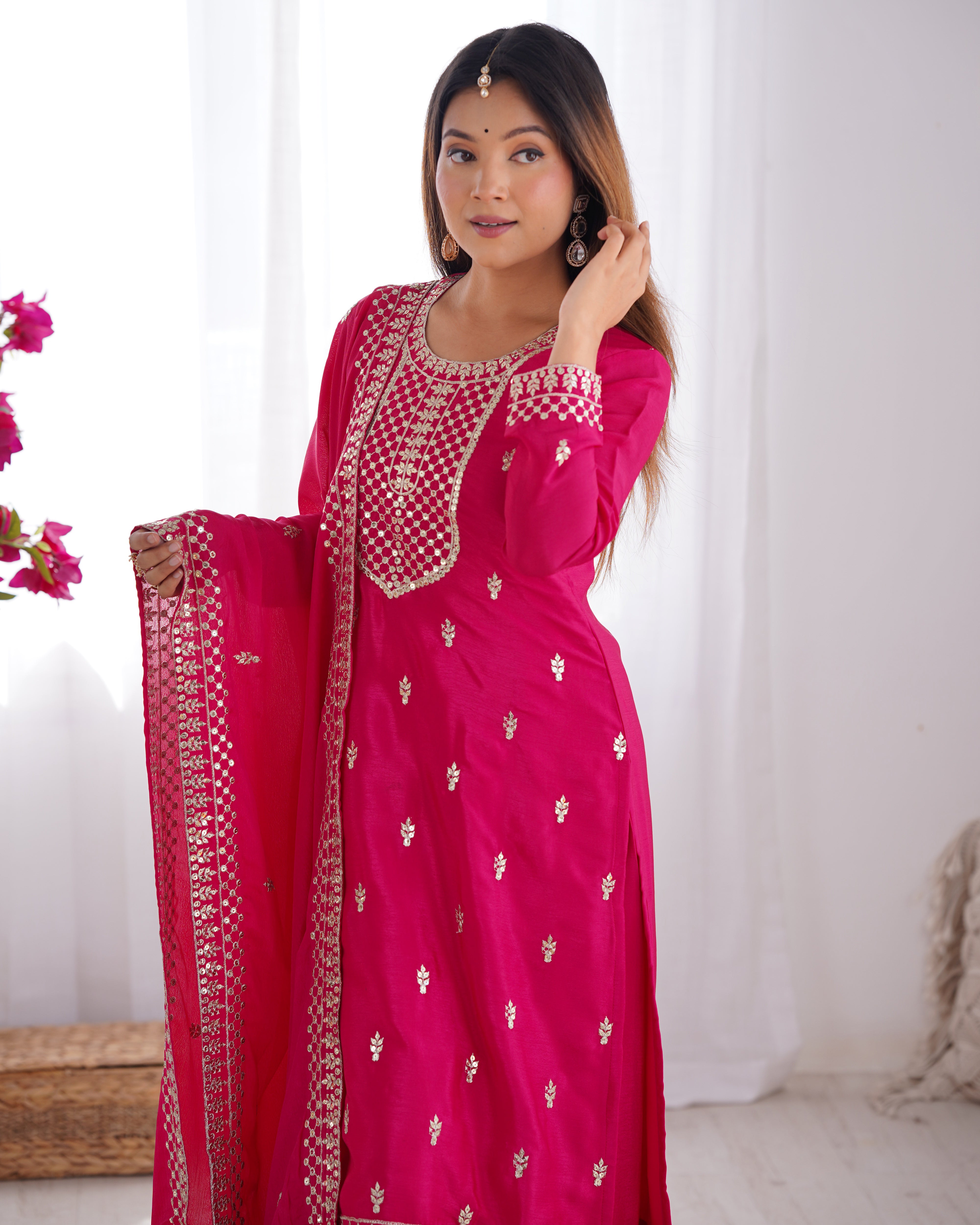 Women's Pure Chinon Silk Straight Kurta Pant Dupatta Set with Embroidery Sequence and Zari Work