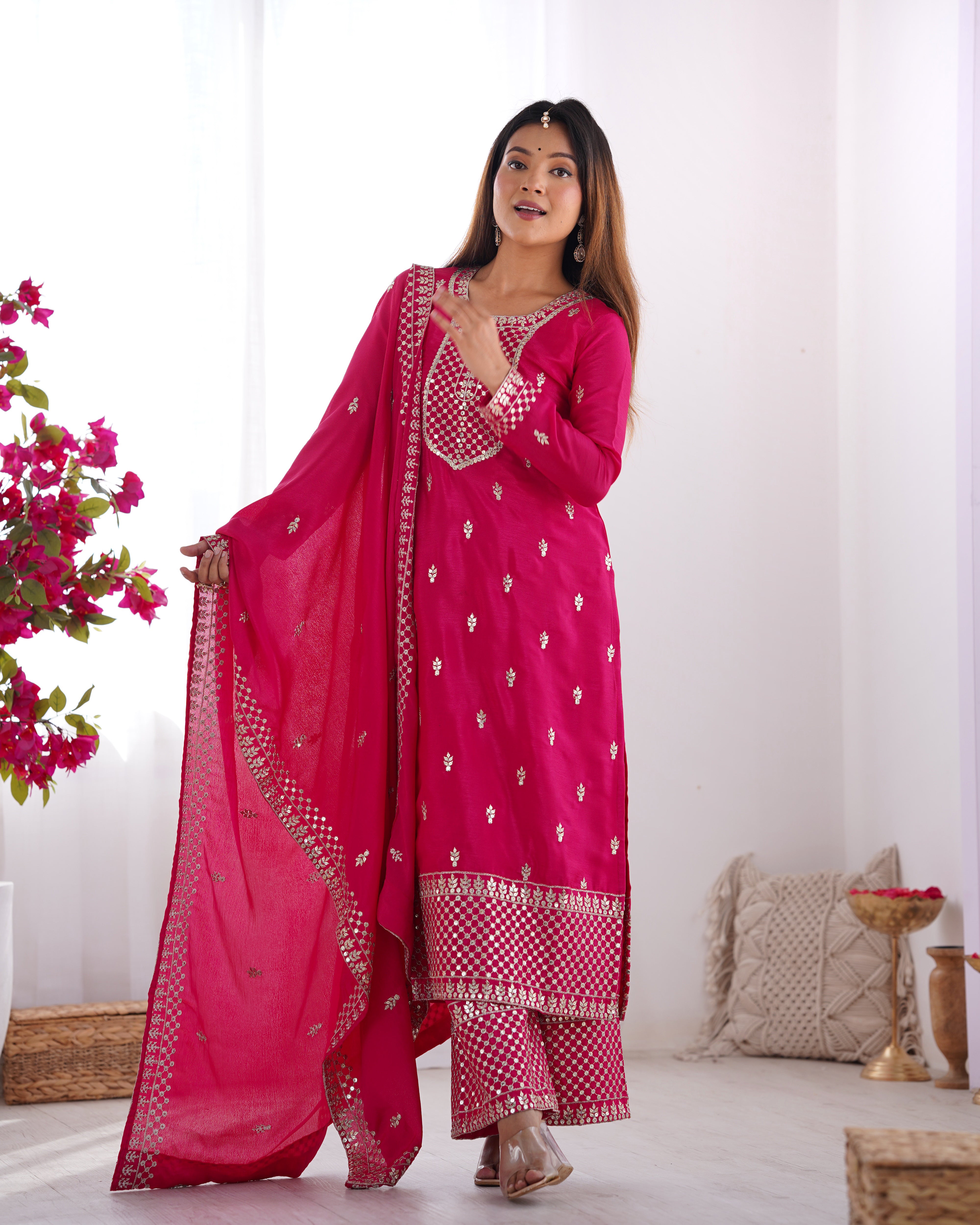 Women's Pure Chinon Silk Straight Kurta Pant Dupatta Set with Embroidery Sequence and Zari Work