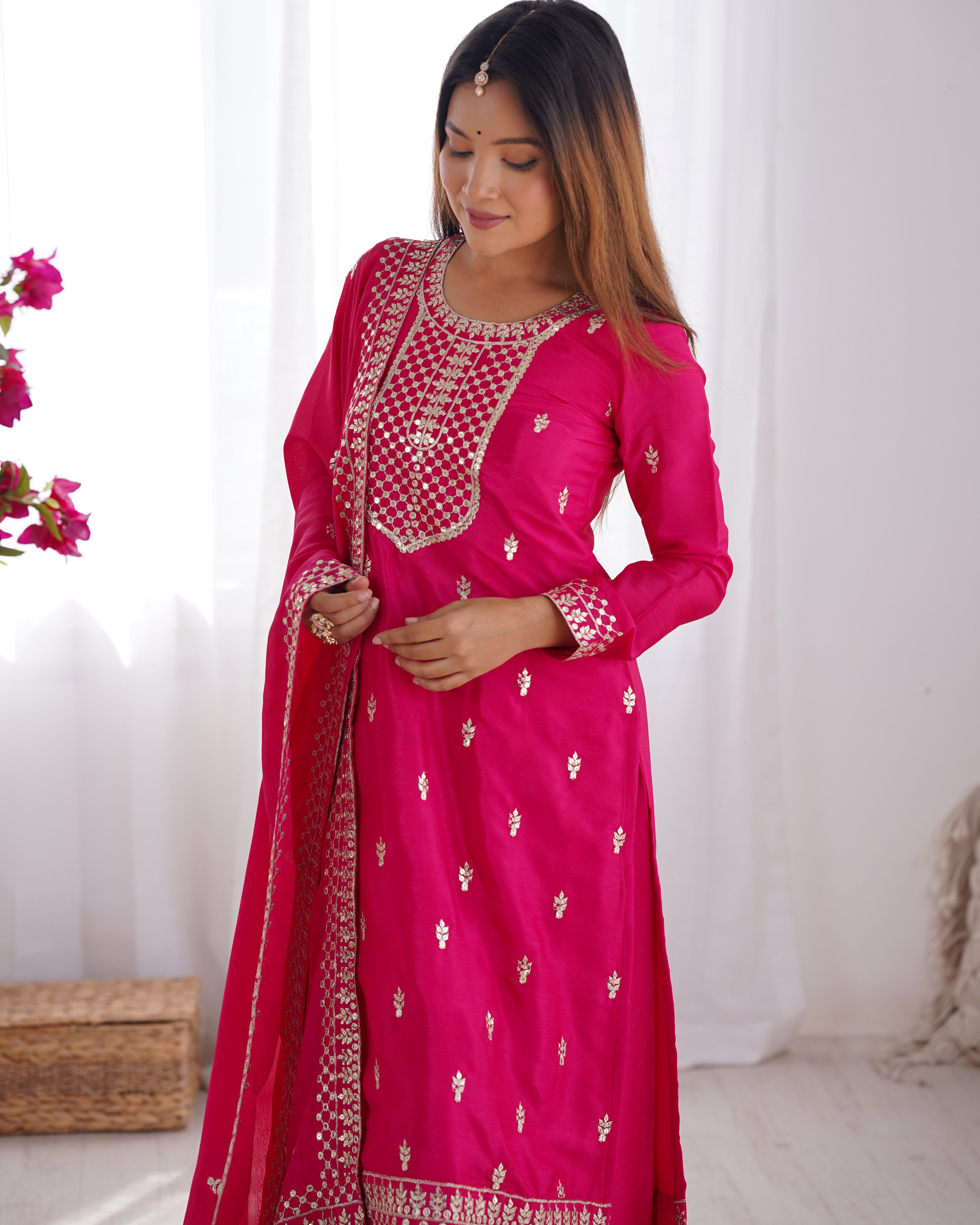 Women's Pure Chinon Silk Straight Kurta Pant Dupatta Set with Embroidery Sequence and Zari Work