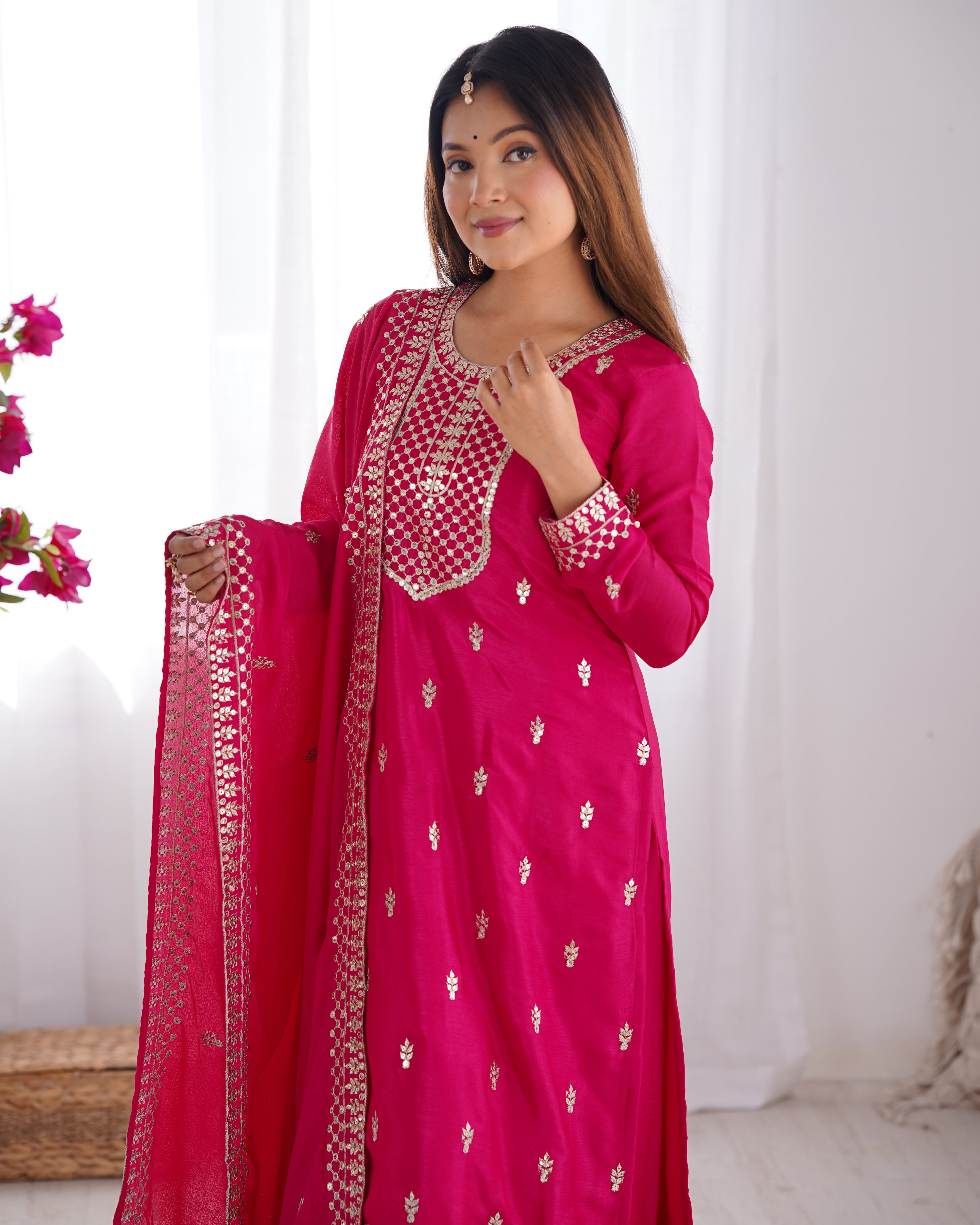 Women's Pure Chinon Silk Straight Kurta Pant Dupatta Set with Embroidery Sequence and Zari Work