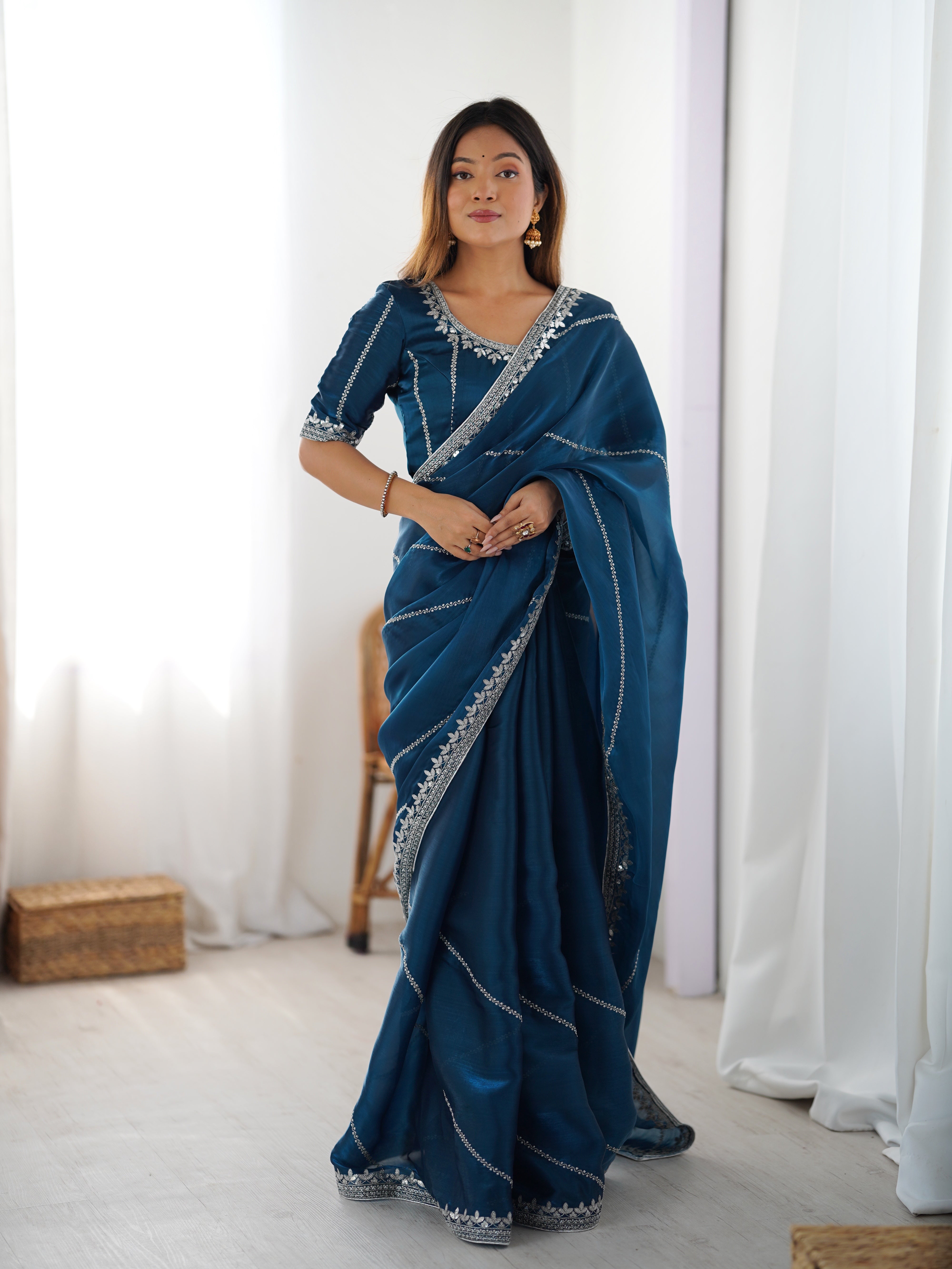 Premium Heavy JMC Silk Thread & Sequin Embroidered Designer Party Wear Saree with Blouse