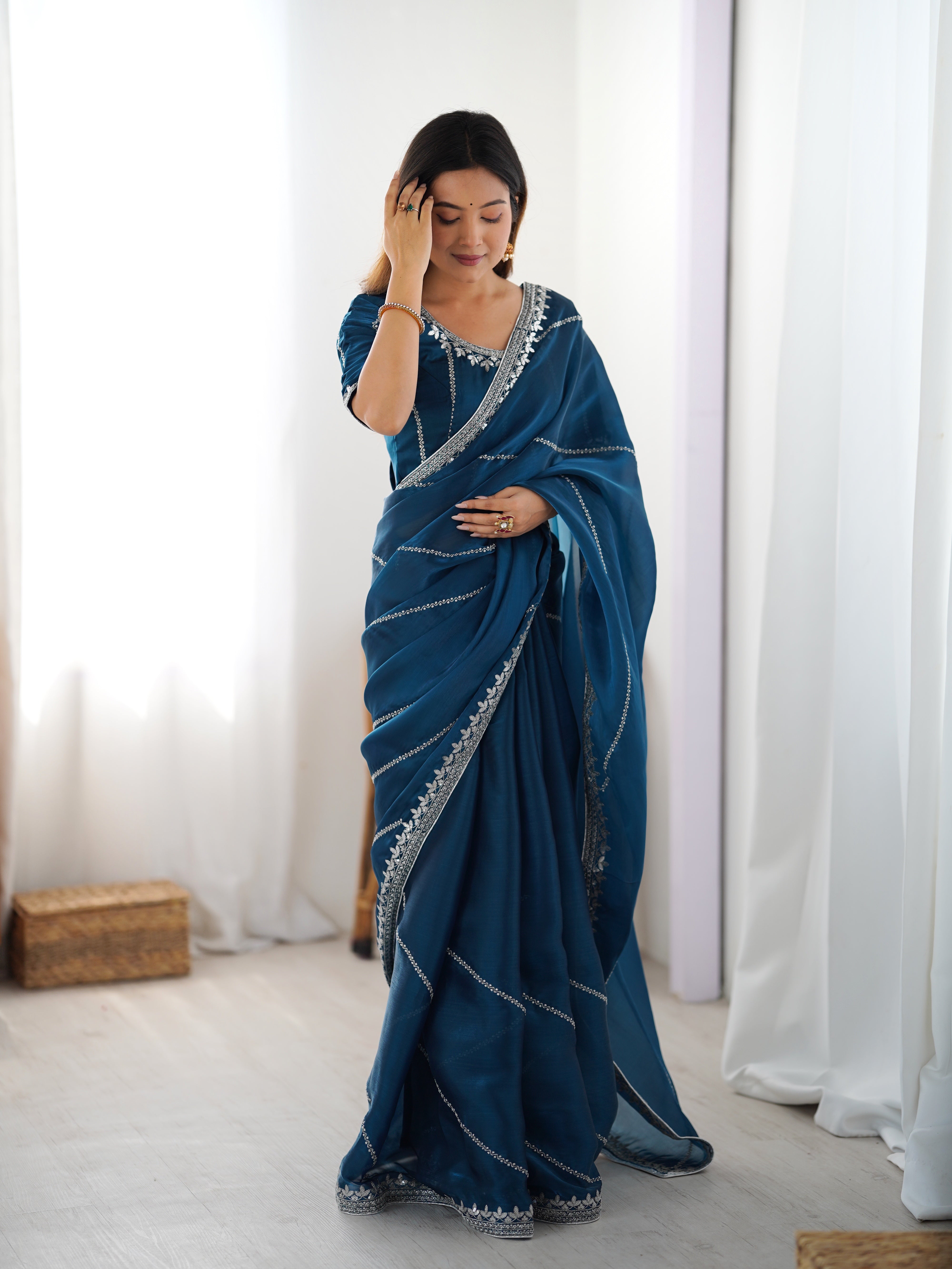 Premium Heavy JMC Silk Thread & Sequin Embroidered Designer Party Wear Saree with Blouse
