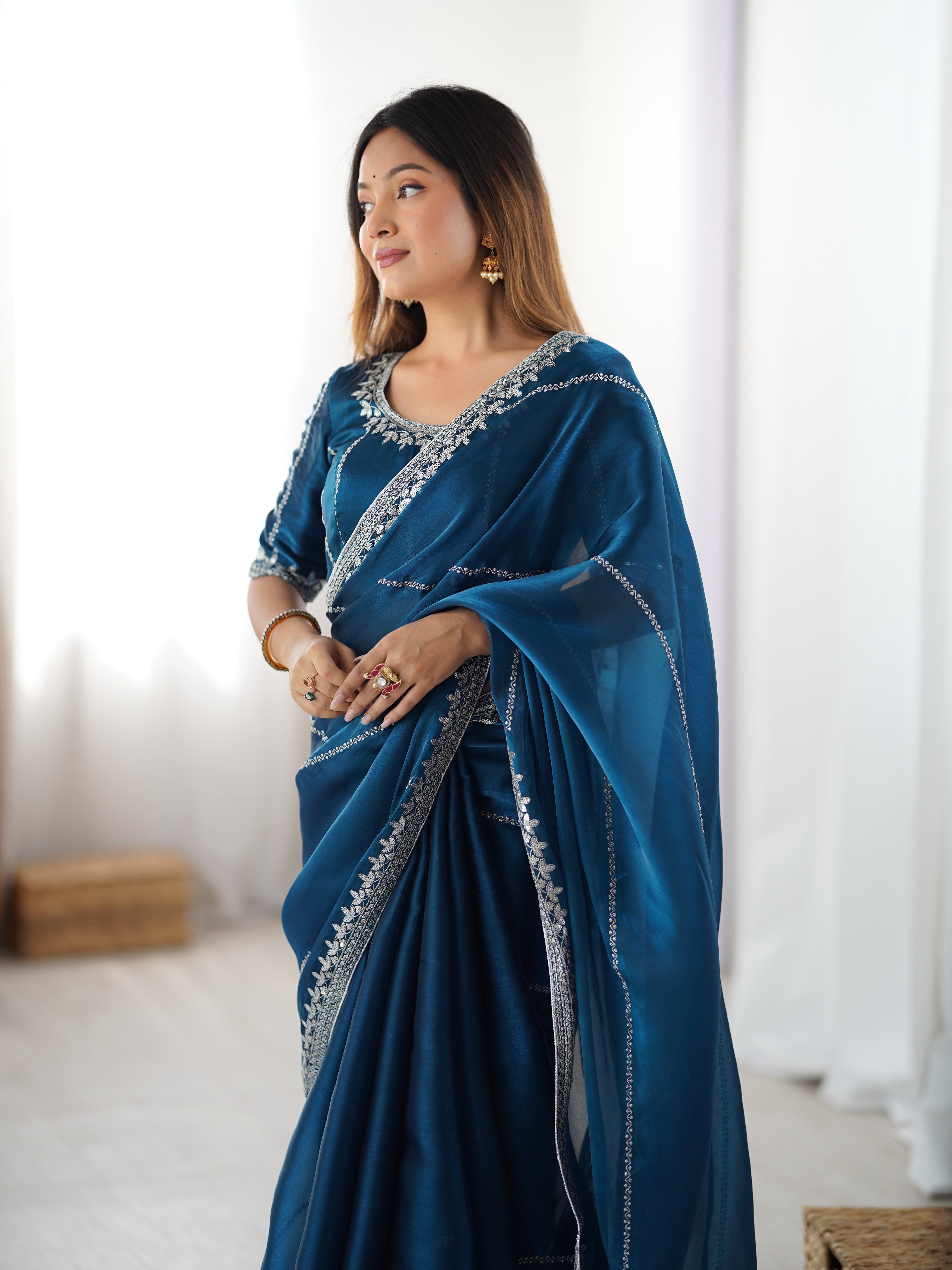 Premium Heavy JMC Silk Thread & Sequin Embroidered Designer Party Wear Saree with Blouse