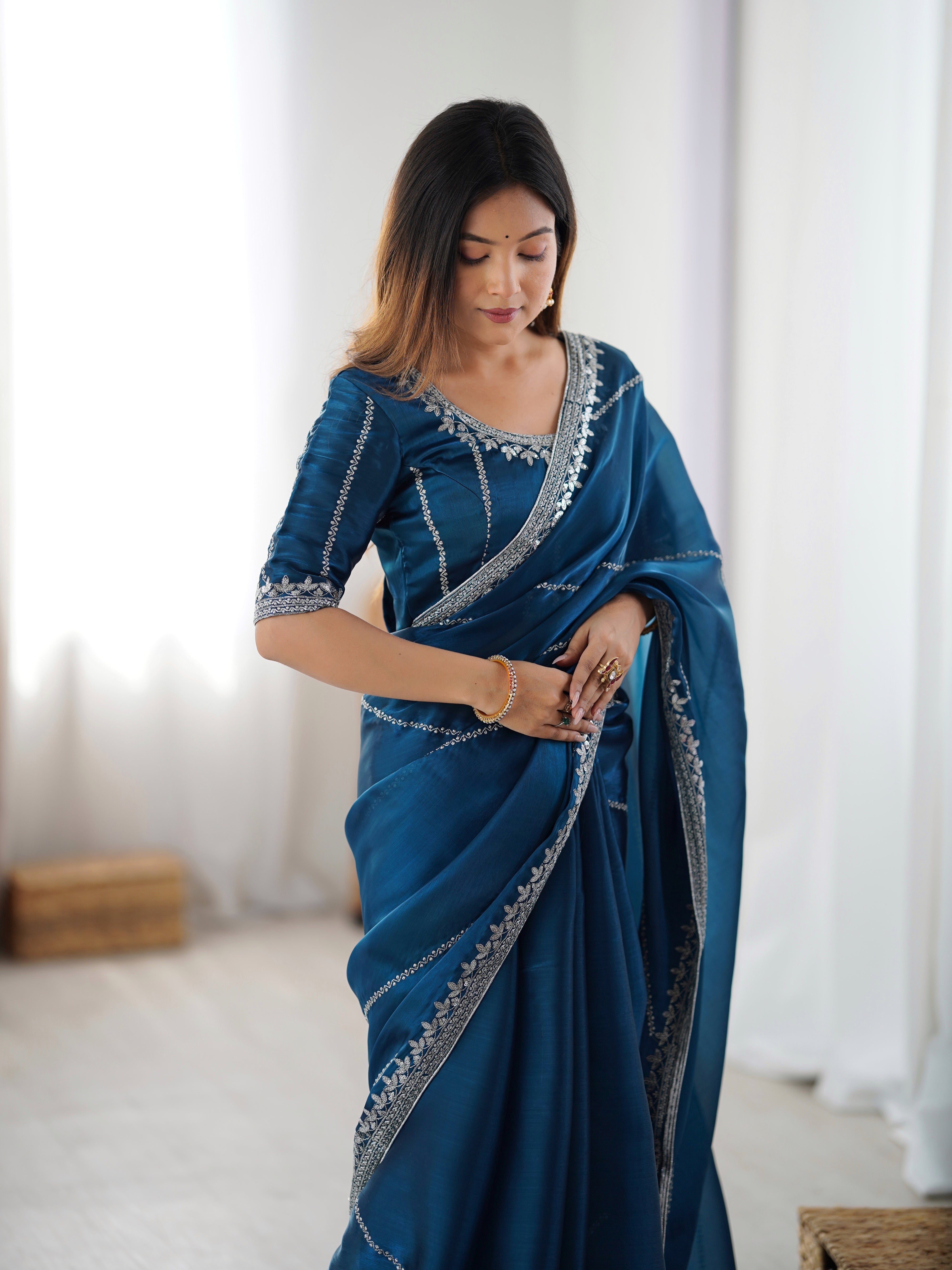 Premium Heavy JMC Silk Thread & Sequin Embroidered Designer Party Wear Saree with Blouse